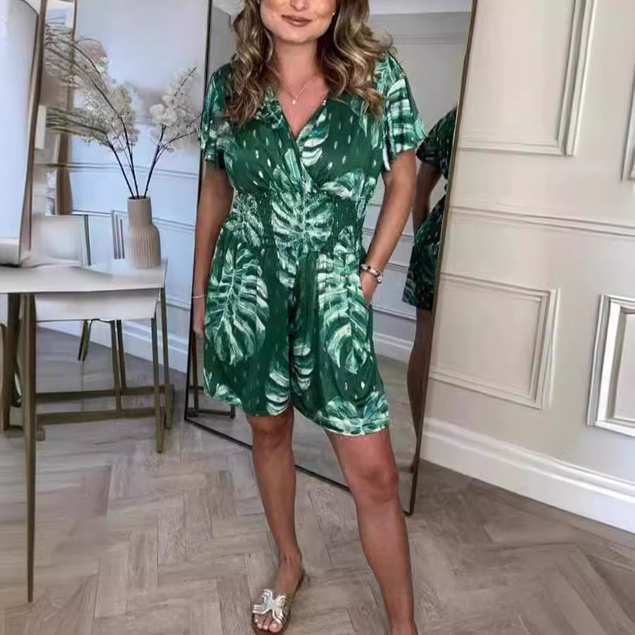 Lightweight Tropical Leaf Print Jumpsuit - V-Neck Summer Romper