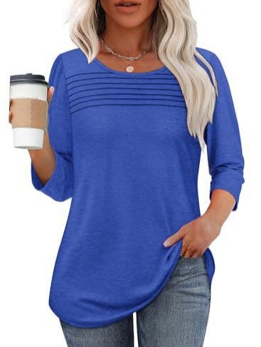 Soft Pleated 3/4 Sleeve Top - Polyester Blend Round Neck Pullover