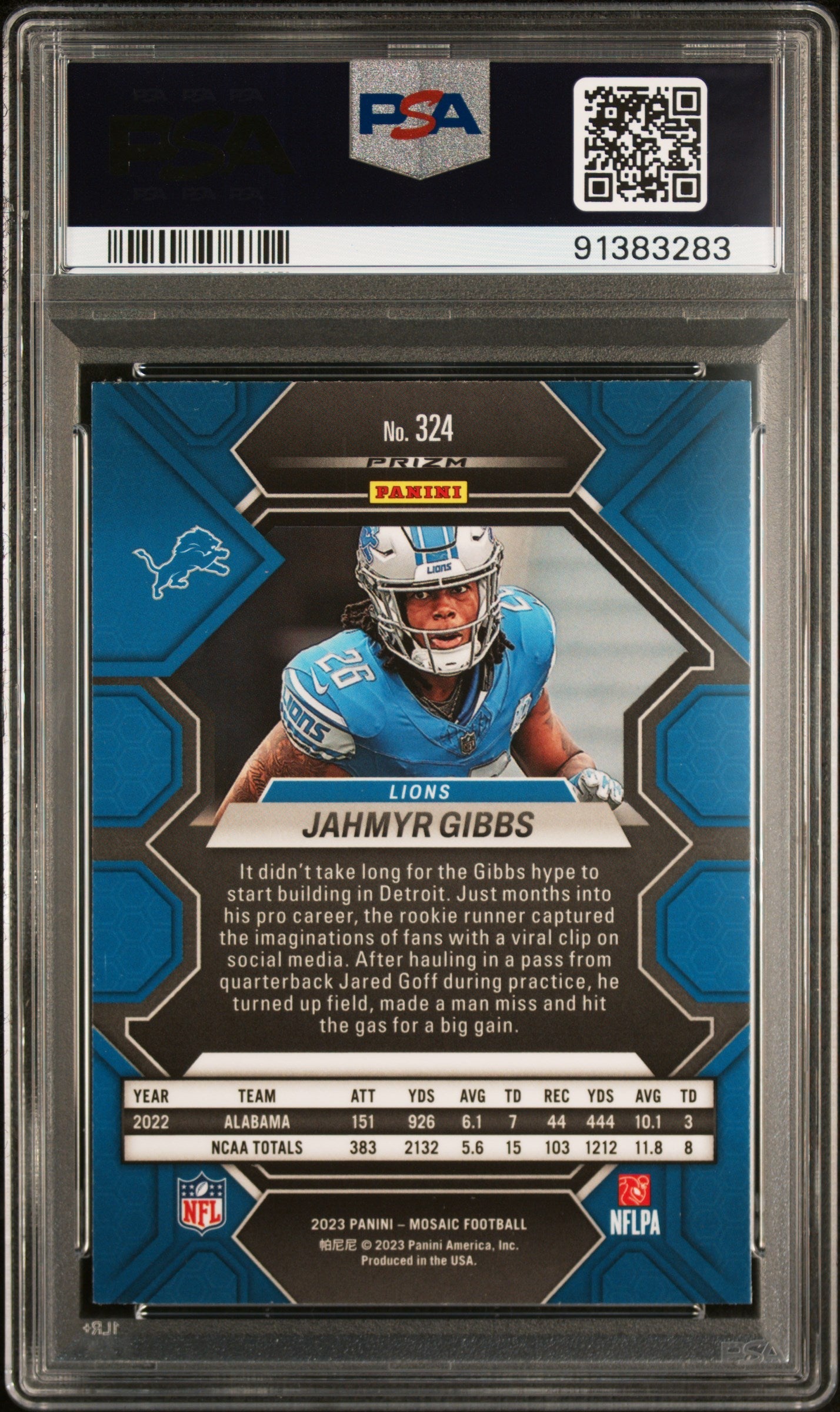 Graded 2023 Mosaic Jahmyr Gibbs #324 Reactive Blue Rookie RC Football Card PSA 10 Gem Mint