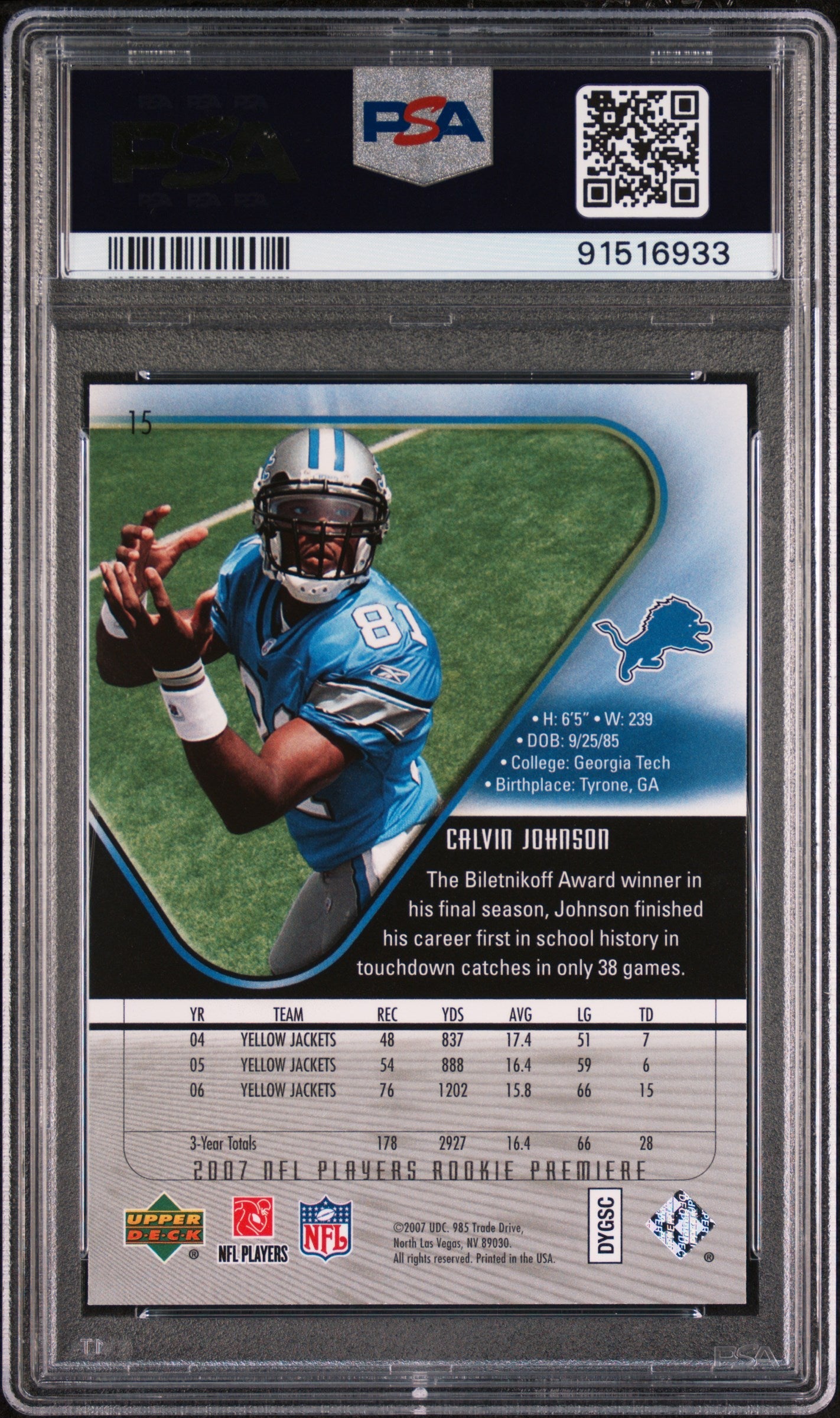 Graded 2007 Upper Deck Rookie Premiere Calvin Johnson #15 Rookie RC Football Card PSA 10 Gem Mint