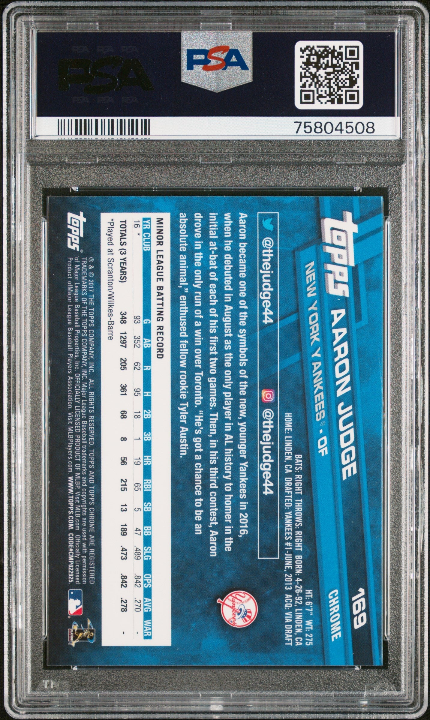 Graded 2017 Topps Chrome Aaron Judge #169 Catching Rookie RC Baseball Card PSA 10 Gem Mint