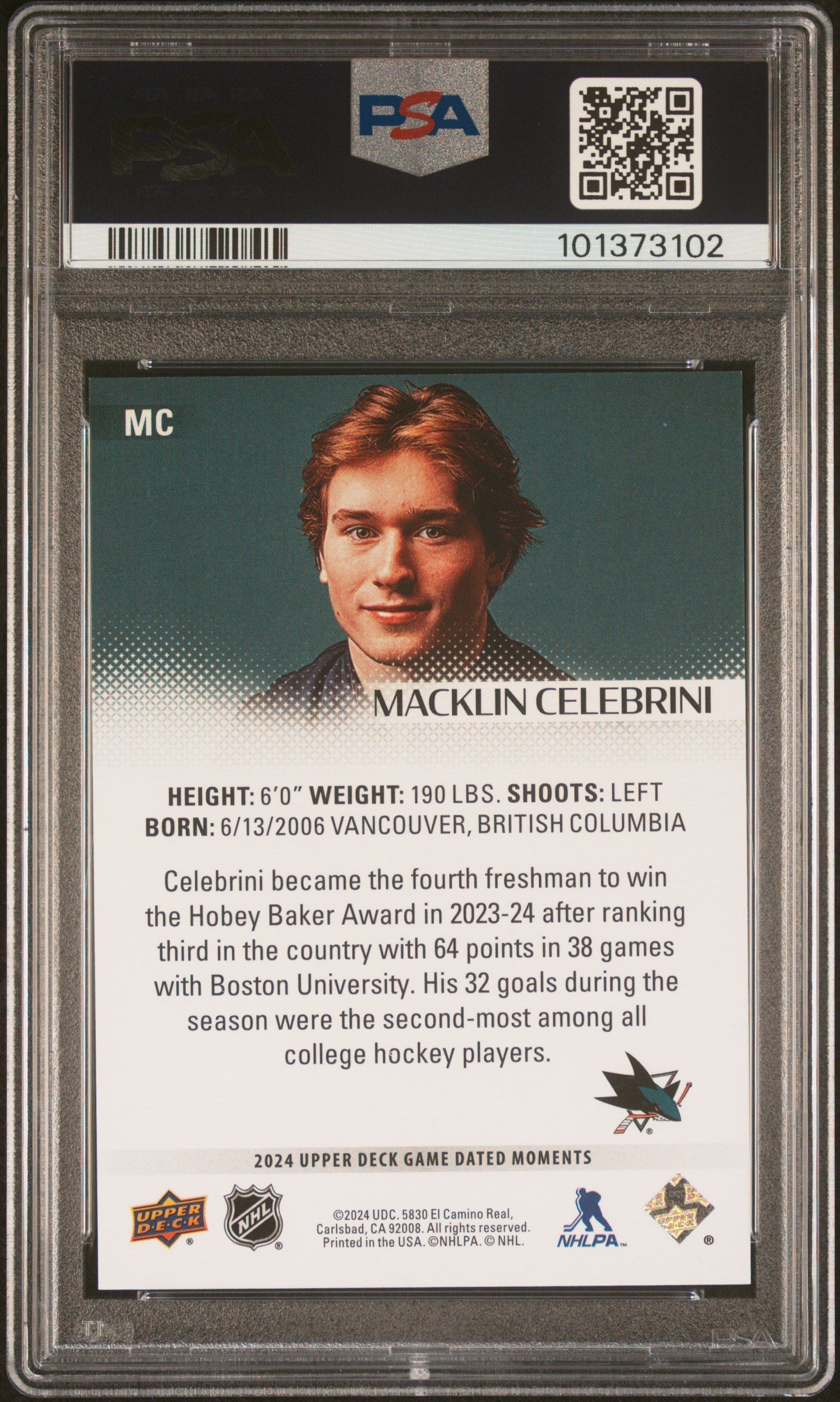 Graded 2024 Upper Deck Macklin Celebrini #MC Game Dated Moments Rookie RC Hockey Card PSA 10 Gem Mint