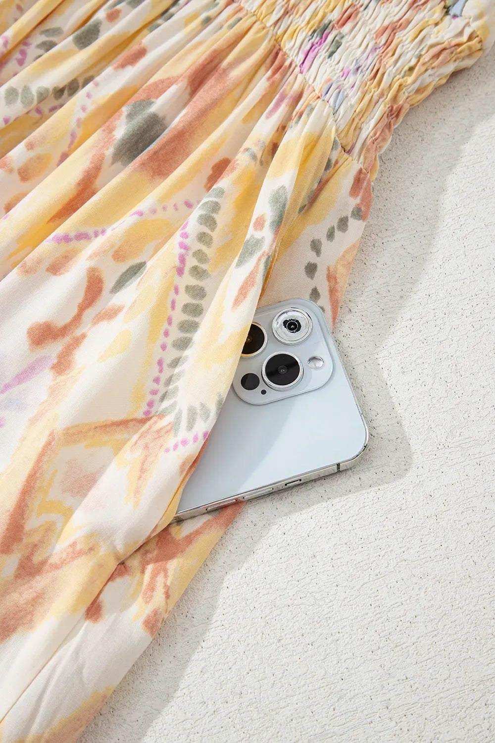 Printed Half Sleeve Shirred High Waist Maxi Dress