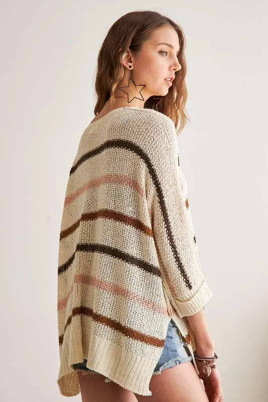 ADORA Full Size Multi Color Strip Sweater Plus Size