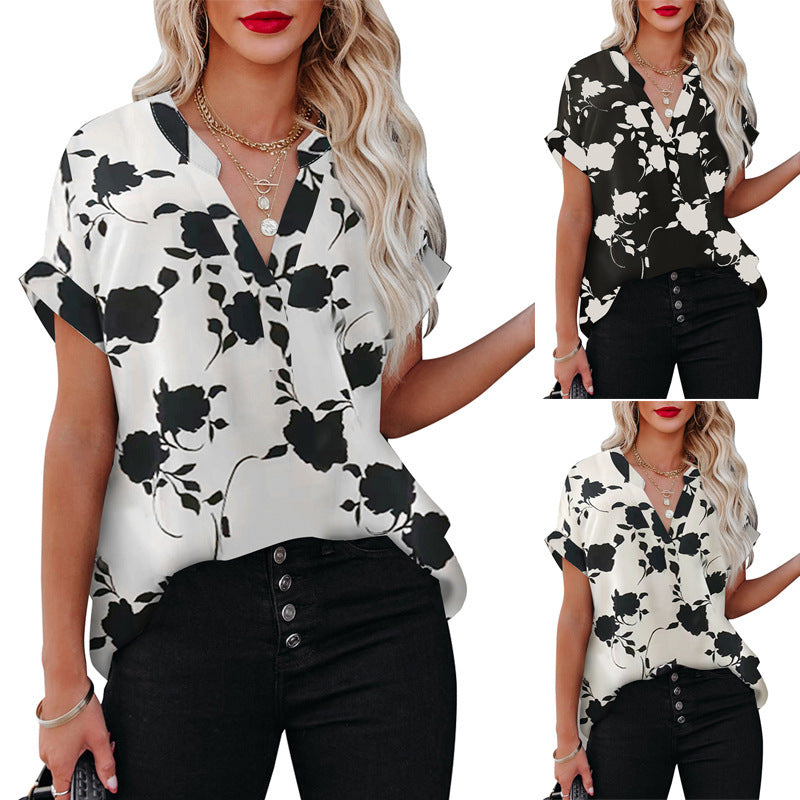 Women's Floral V-Neck Blouse - Lightweight Polyester Summer Top