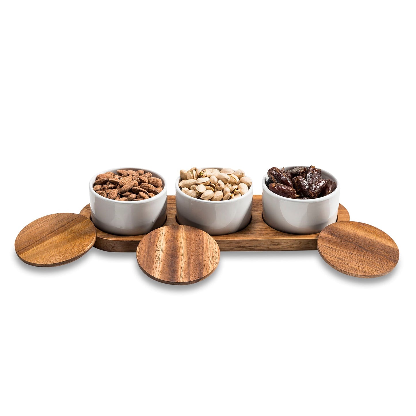 Ceramic Condiment Set on Acacia Wood Base 13" x 3.75"