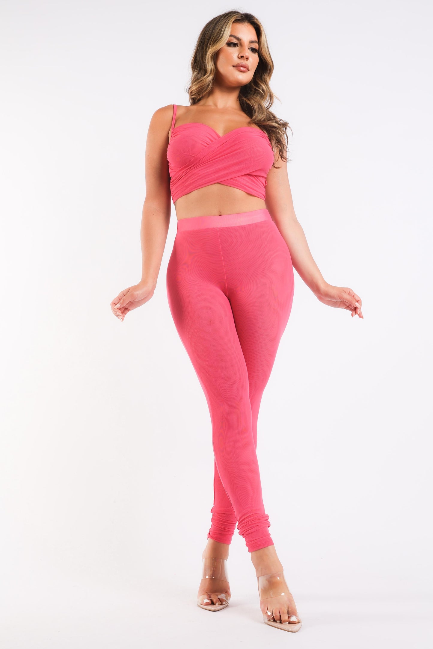Women's Strappy Mesh Workout Set - High Waisted Leggings & Top