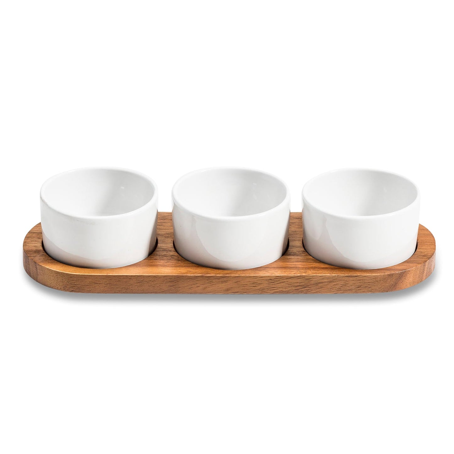 Ceramic Condiment Set on Acacia Wood Base 13" x 3.75"