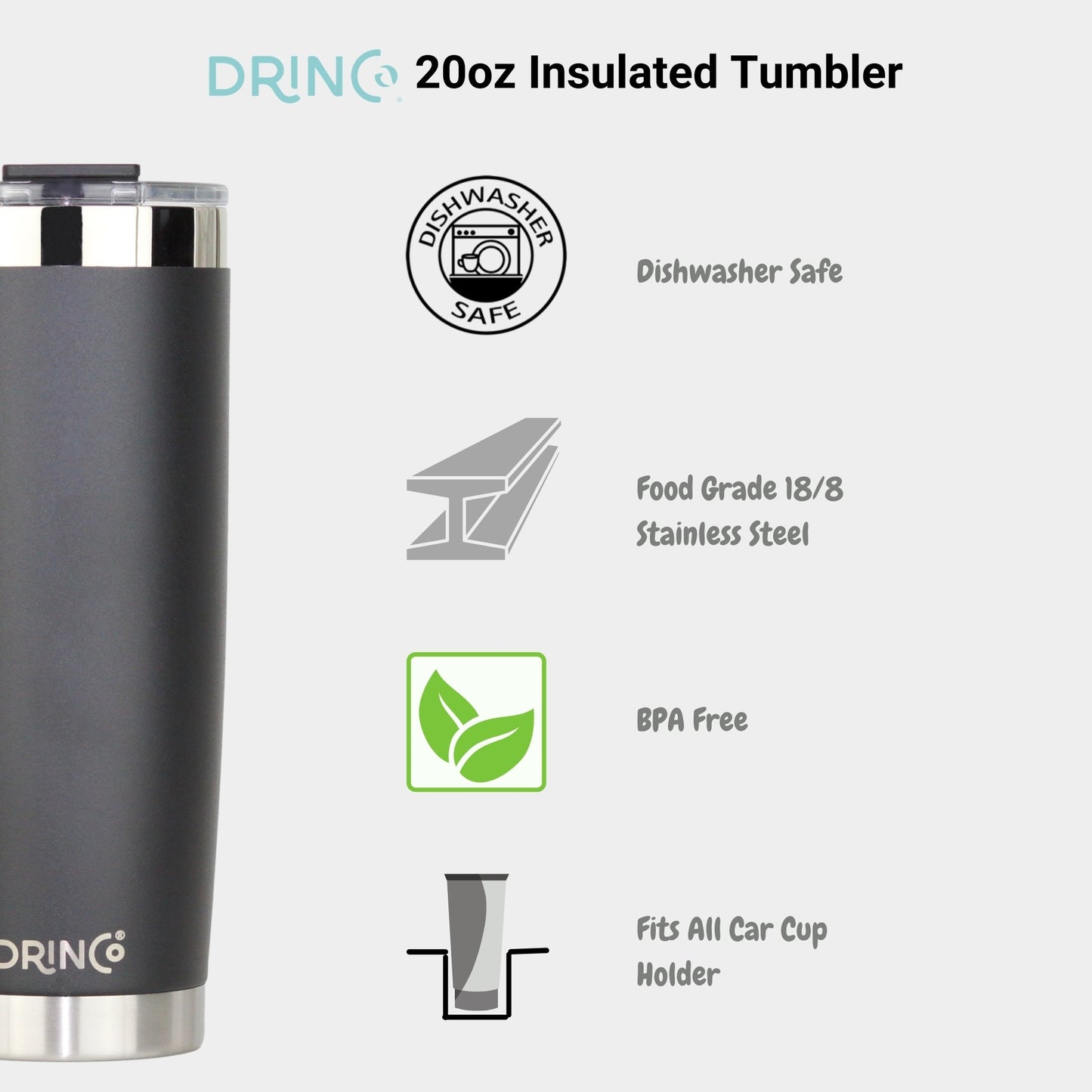 DRINCO® 20oz Insulated Tumbler w/Spill Proof Lid (Black)