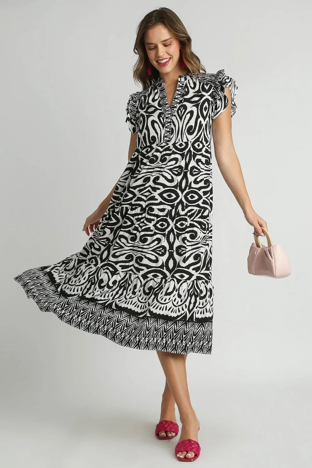 Umgee Full Size Two Tone Border Print Ruffle Cap Sleeve Midi Dress Plus Size