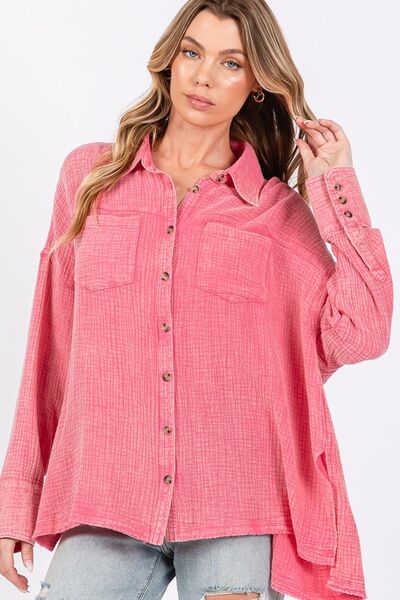 SAGE FIG Frayed Hem Side Slit Button Down Shirt