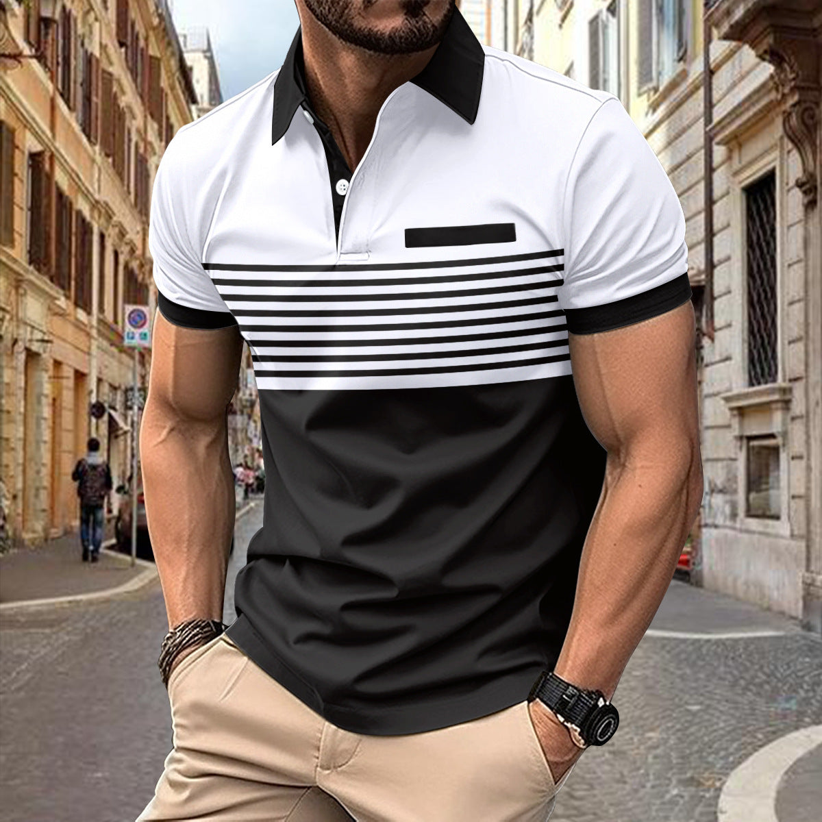 Men's Striped Polo Shirt with Chest Pocket - Cotton Blend