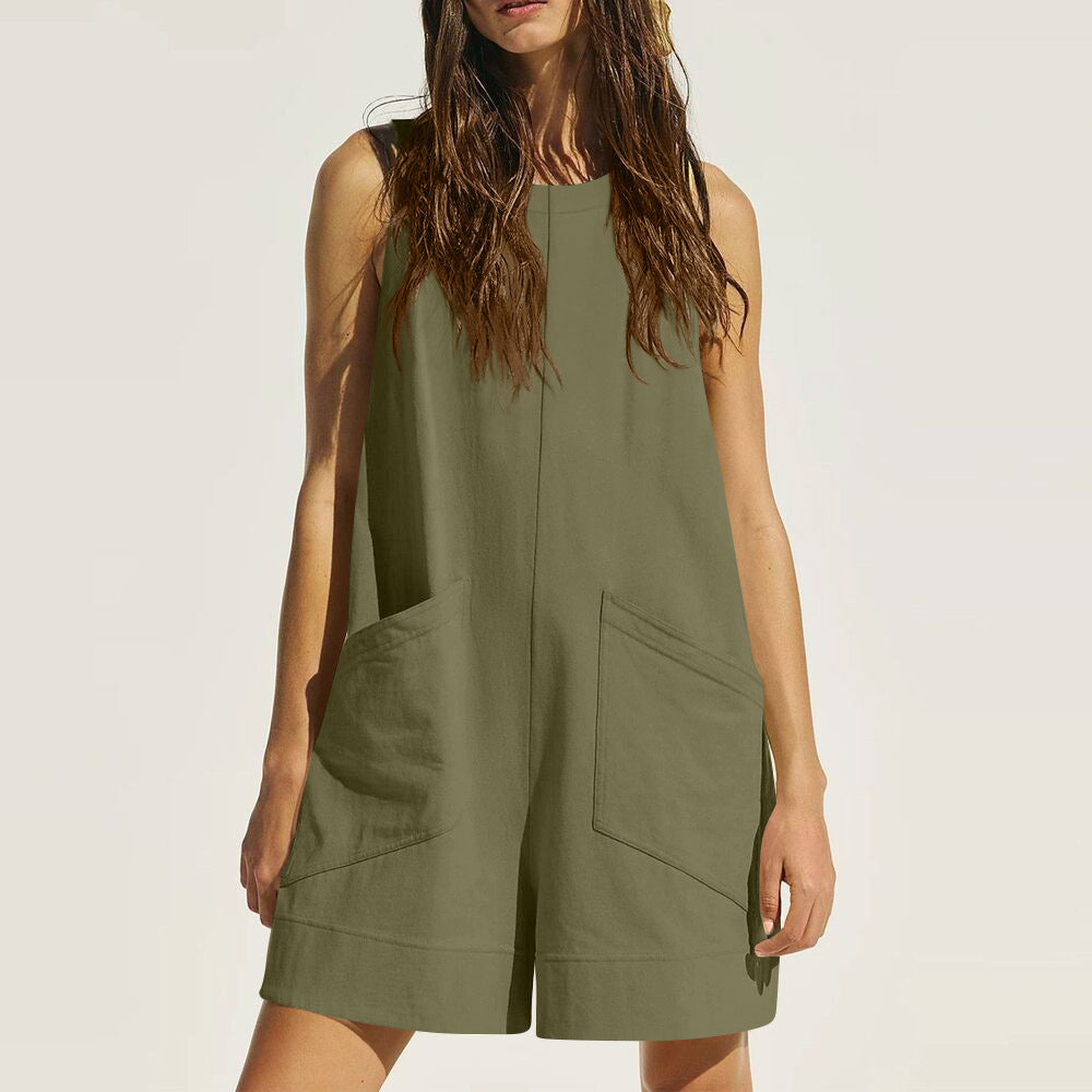 Cotton Sleeveless Pocket Jumpsuit - Loose Fit Wide Waist Romper