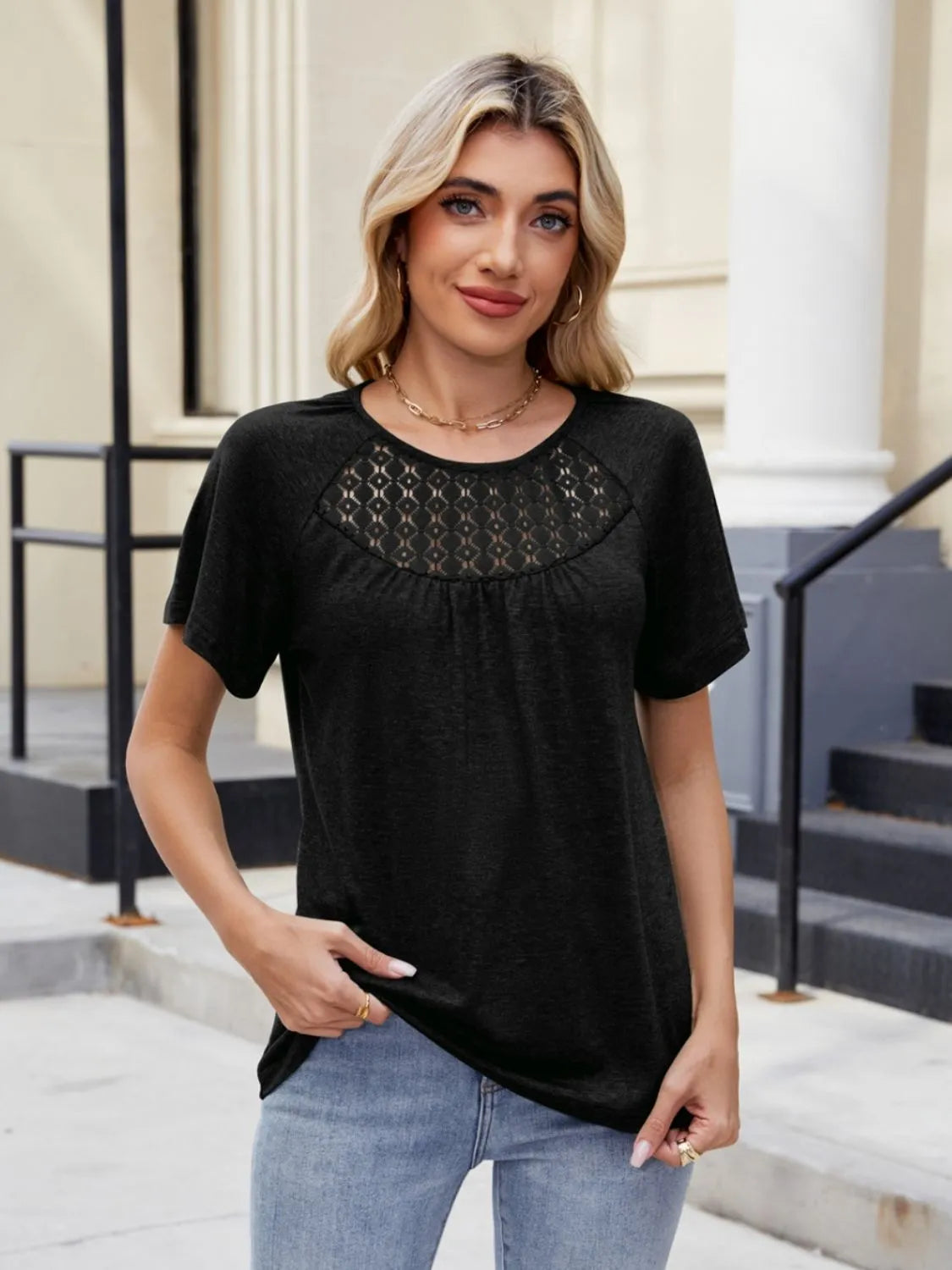 Lace Detail Round Neck Short Sleeve Blouse