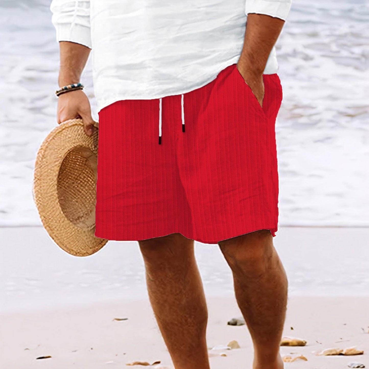 Men's Striped Bamboo Cotton Summer Shorts - Drawstring Casual