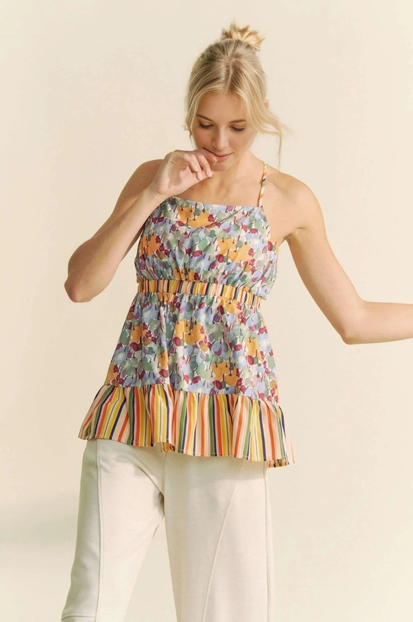 Davi & Dani Floral Smocked Sleeveless Ruffle Back Tie Top