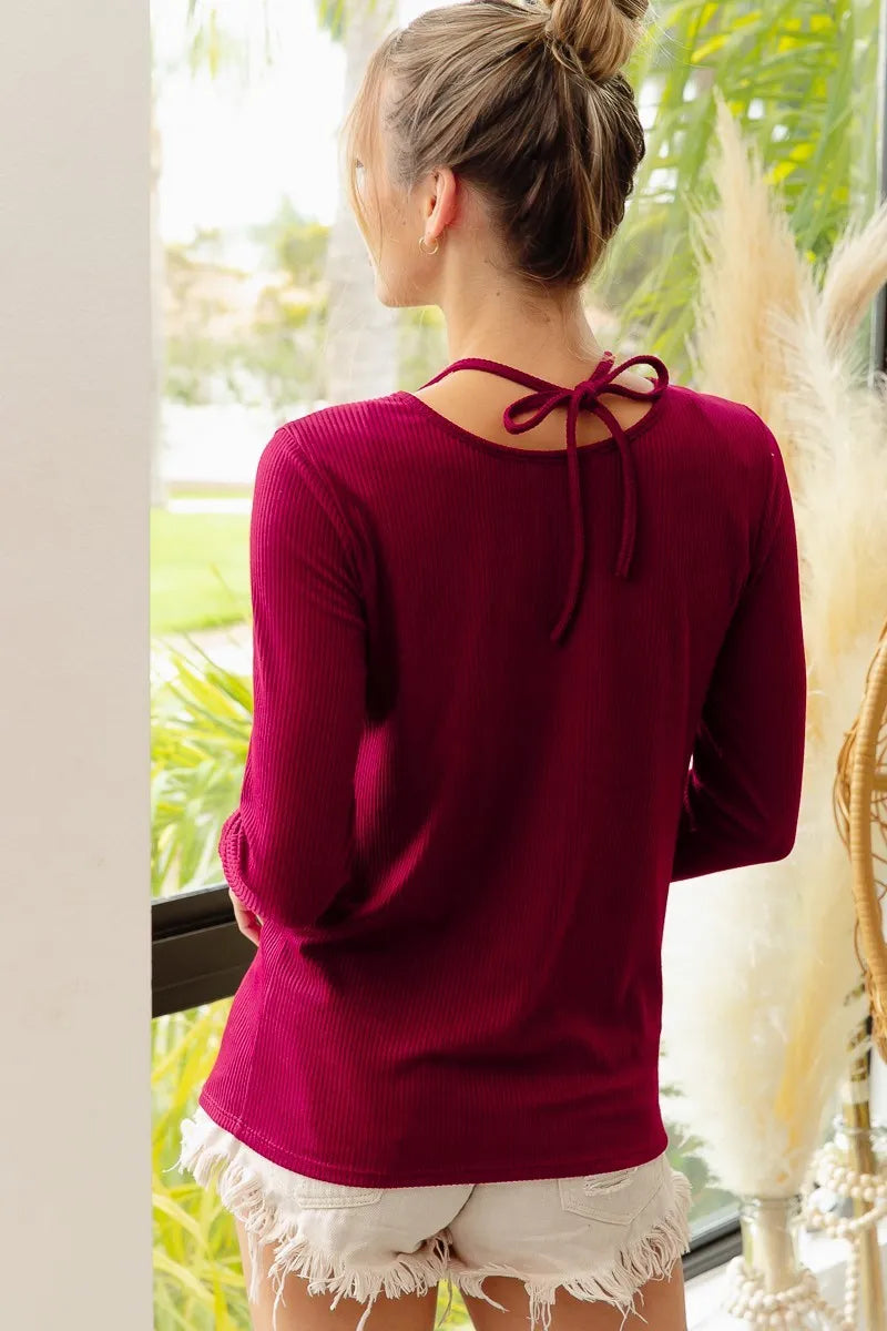 BiBi Rib Knit With Cut Out and Tied Neck Detailed Top