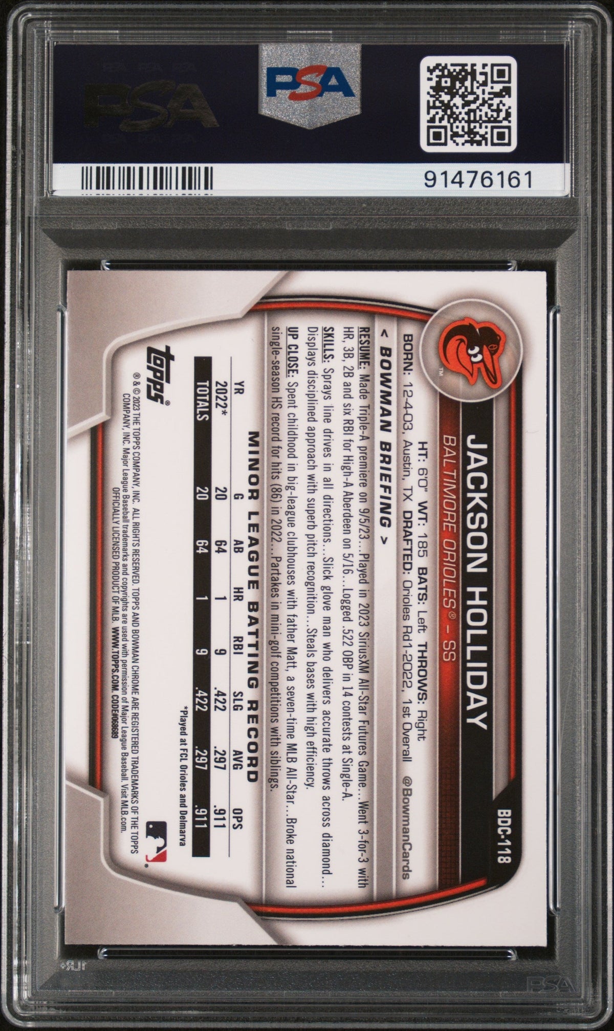 Graded 2023 Topps Bowman Draft Jackson Holliday #BDC118 Chrome Sparkle Rookie RC Baseball Card PSA 10 Gem Mint