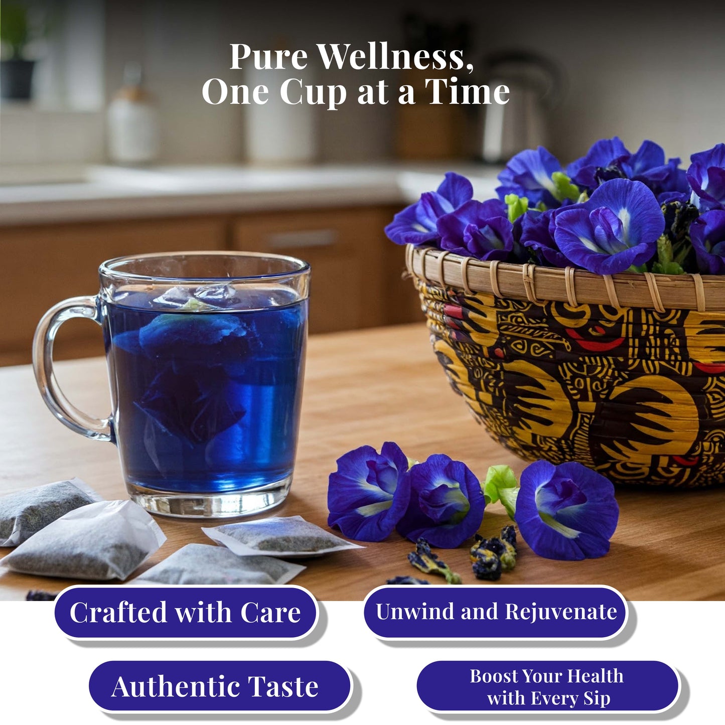 Akshit Butterfly Pea Flower ( Blue Tea ) - 75 Tea Bags, Natural Dried Butterfly Pea Flowers, Caffeine-Free,  NON-GMO