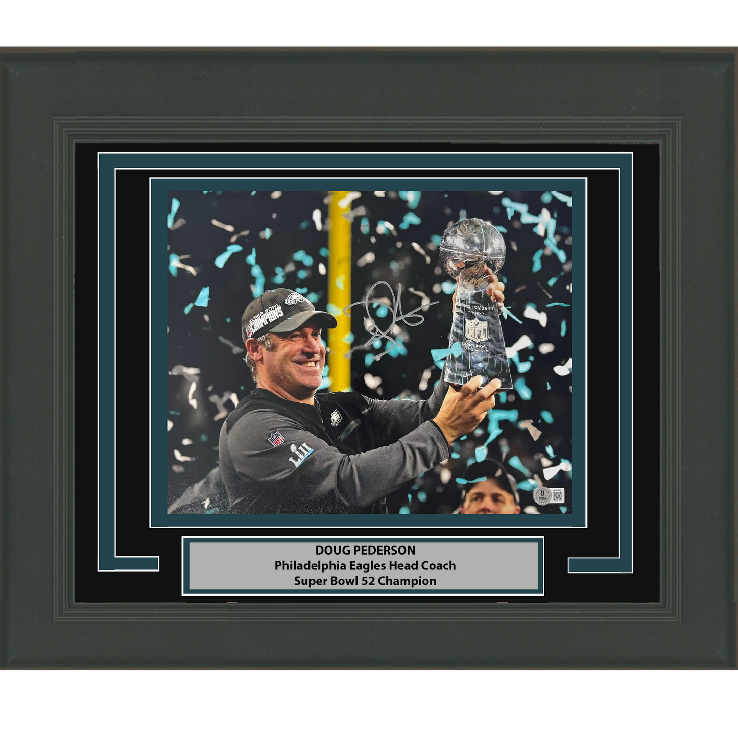 Framed Autographed/Signed Doug Pederson Philadelphia Eagles Super Bowl LII 52 Champions 11x14 Football Photo Beckett BAS COA