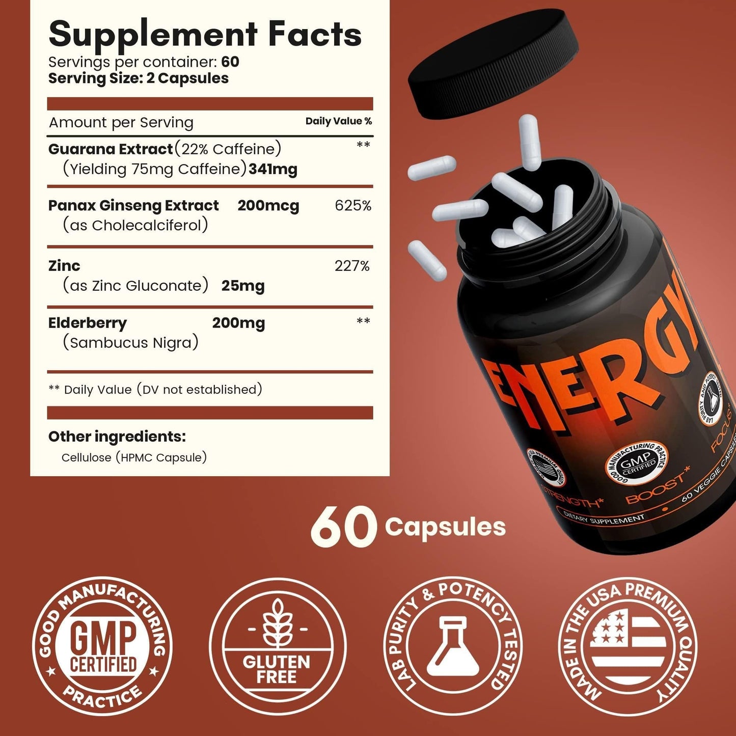 All Natural Energy Supplements with Elderberry Caffeine Pills 60 Capsules