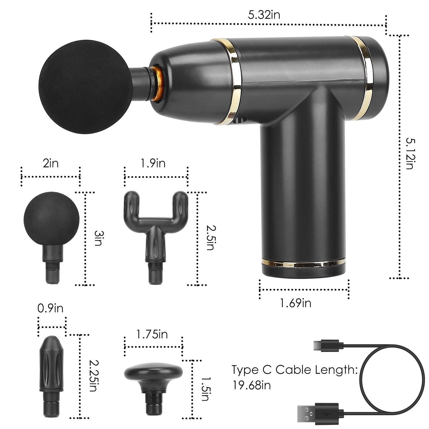 Percussion Massage Gun USB Type C Rechargeable Deep Tissue Vibration Massager Handheld Leg Body Cordless Massager with 4 Interchangeable Heads 8 Intensity Indicators
