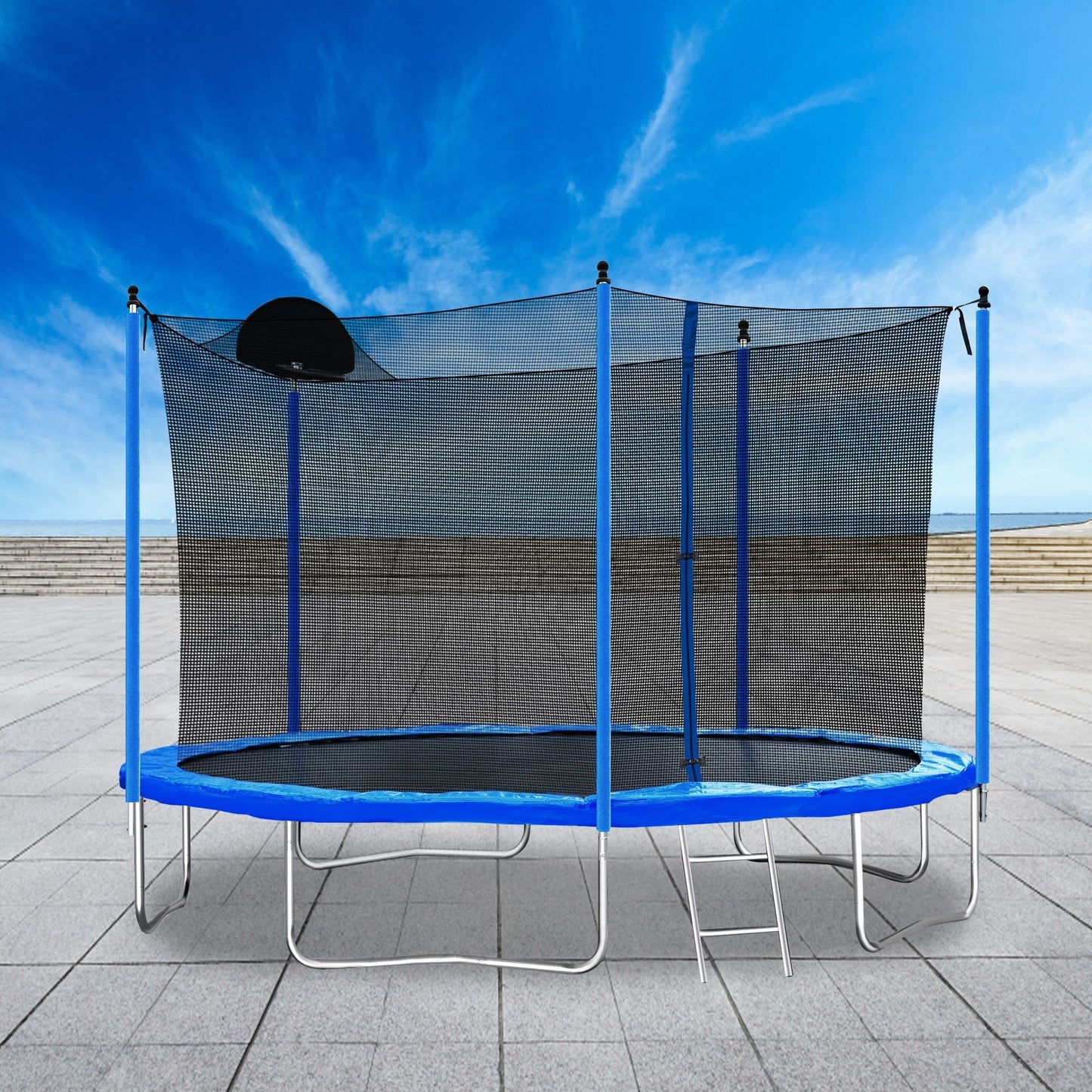 12FT Trampoline with Safety Enclosure and Ladder - Perfect for Kids and Adults, Includes Basketball Hoop