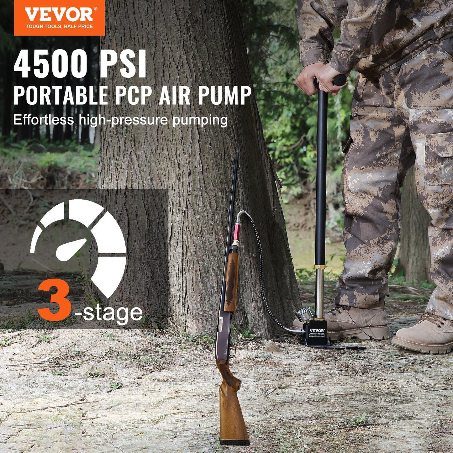 4500PSI High Pressure Airgun Pump for PCP Rifles - 3 Stage Stirrup Pump