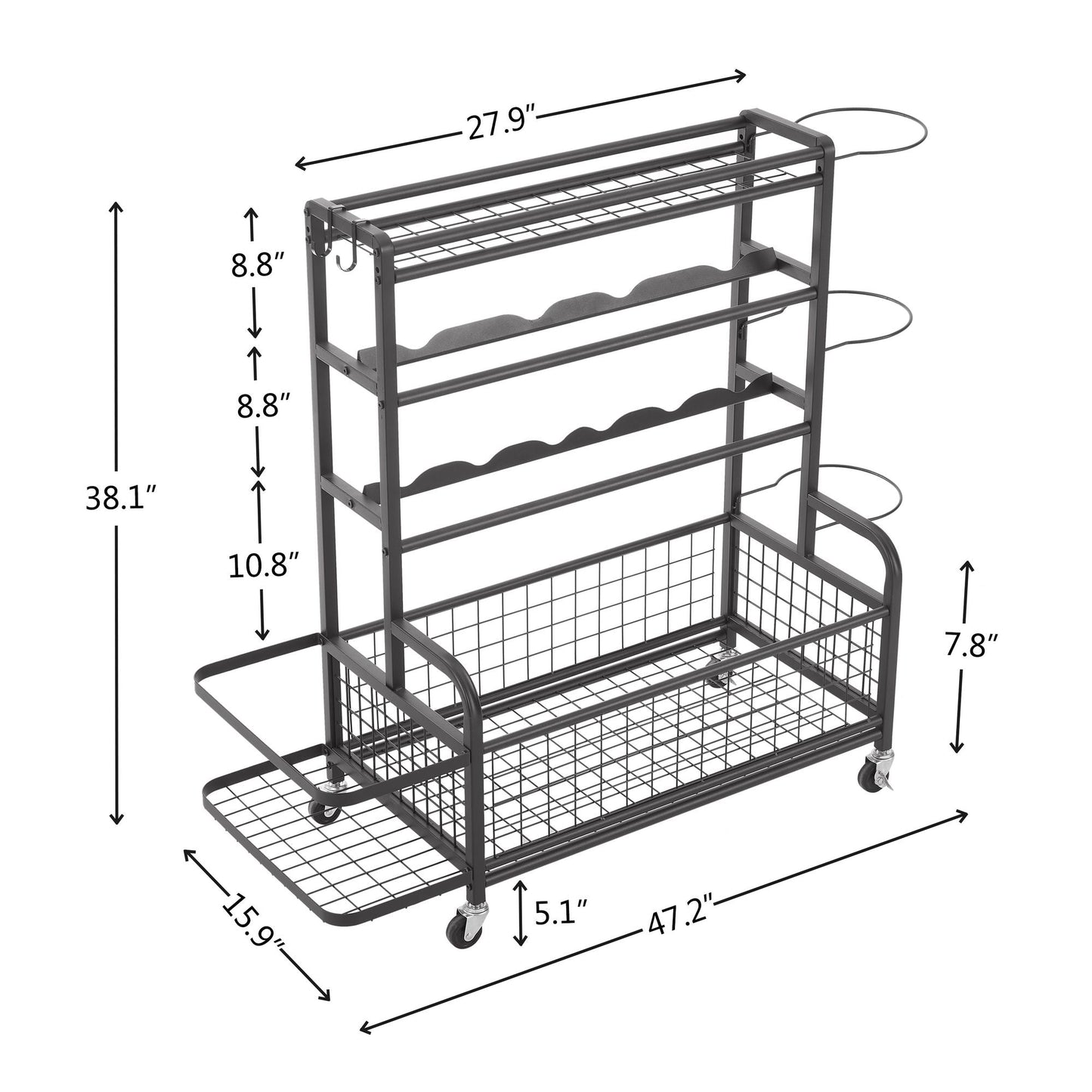 Multi-Purpose 4-Tier Metal Rolling Organizer for Sports Gear with Baskets and Hooks