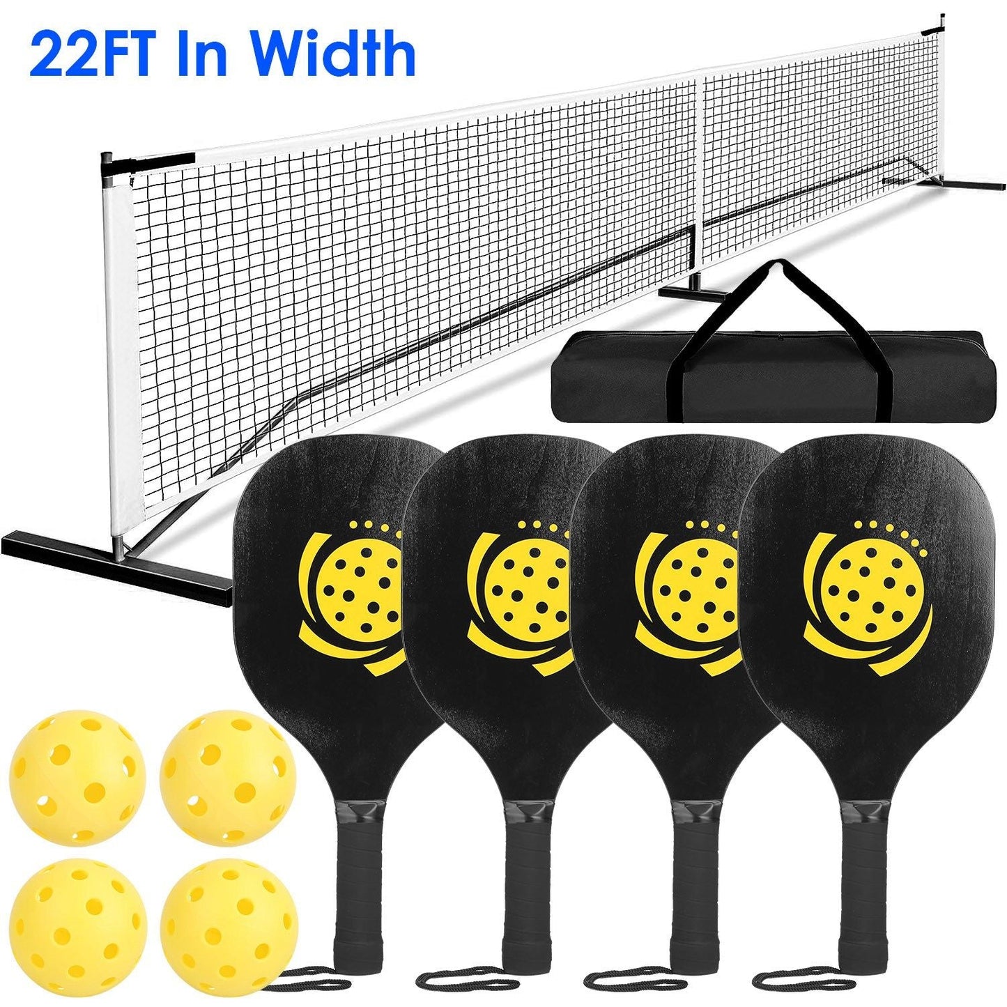 Portable Pickleball Net Set 22ft Regulation Size Net Pickle Ball Net System with 4 Pickleballs 4 Paddles Carrying Bag for Driveway Backyard