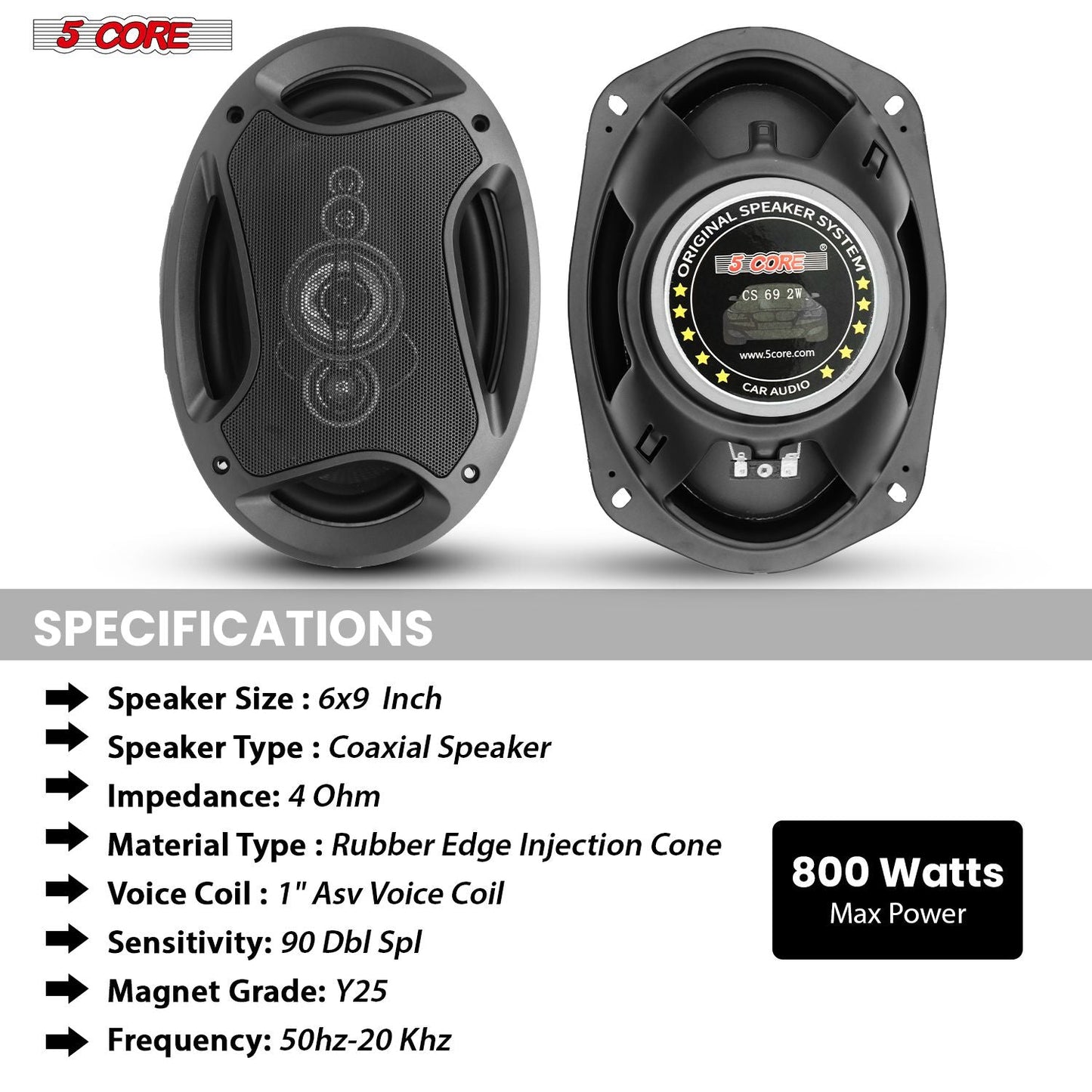 5 Core 6x9 Car Speaker Pair 800W 4Ohm 2 Way Coaxial Speaker w Super Tweeter Universal Fit for Cars Stereo Easy Installation High Performance Sound System for Clear Sound & Deep Bass - CS 69 2W