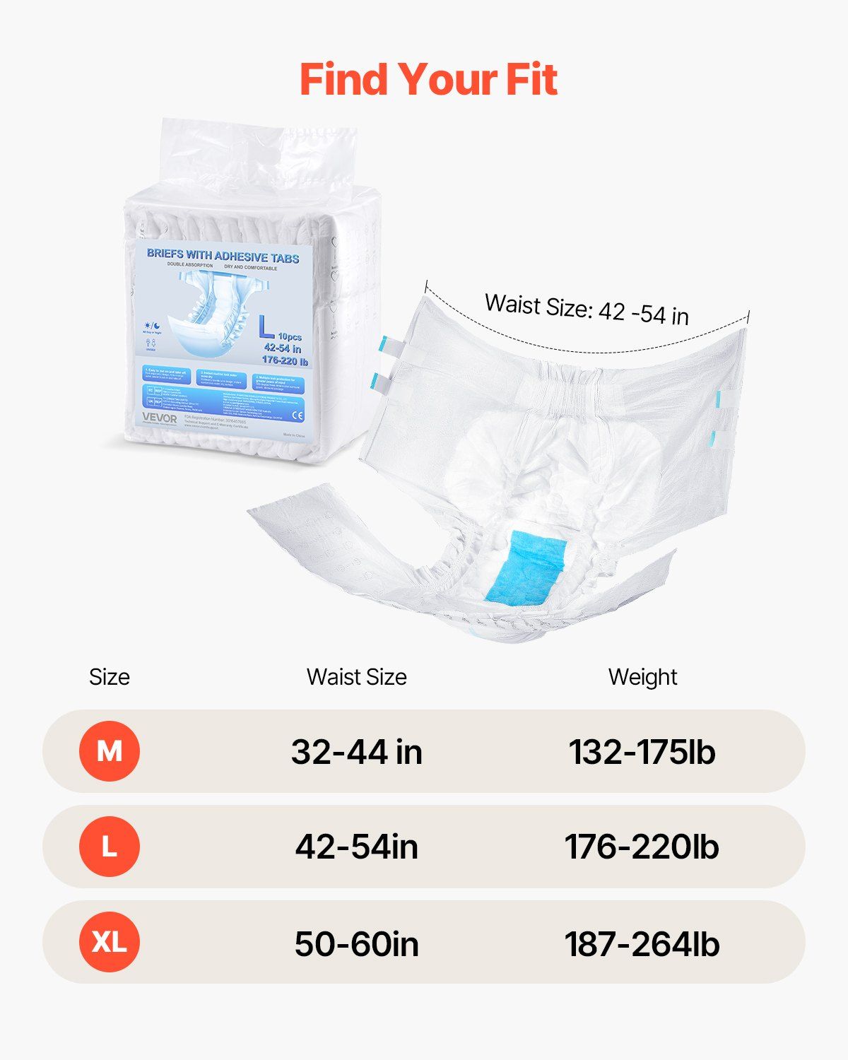 VEVOR Adult Briefs with Adhesive Tabs Incontinence Briefs for Men Women L Size