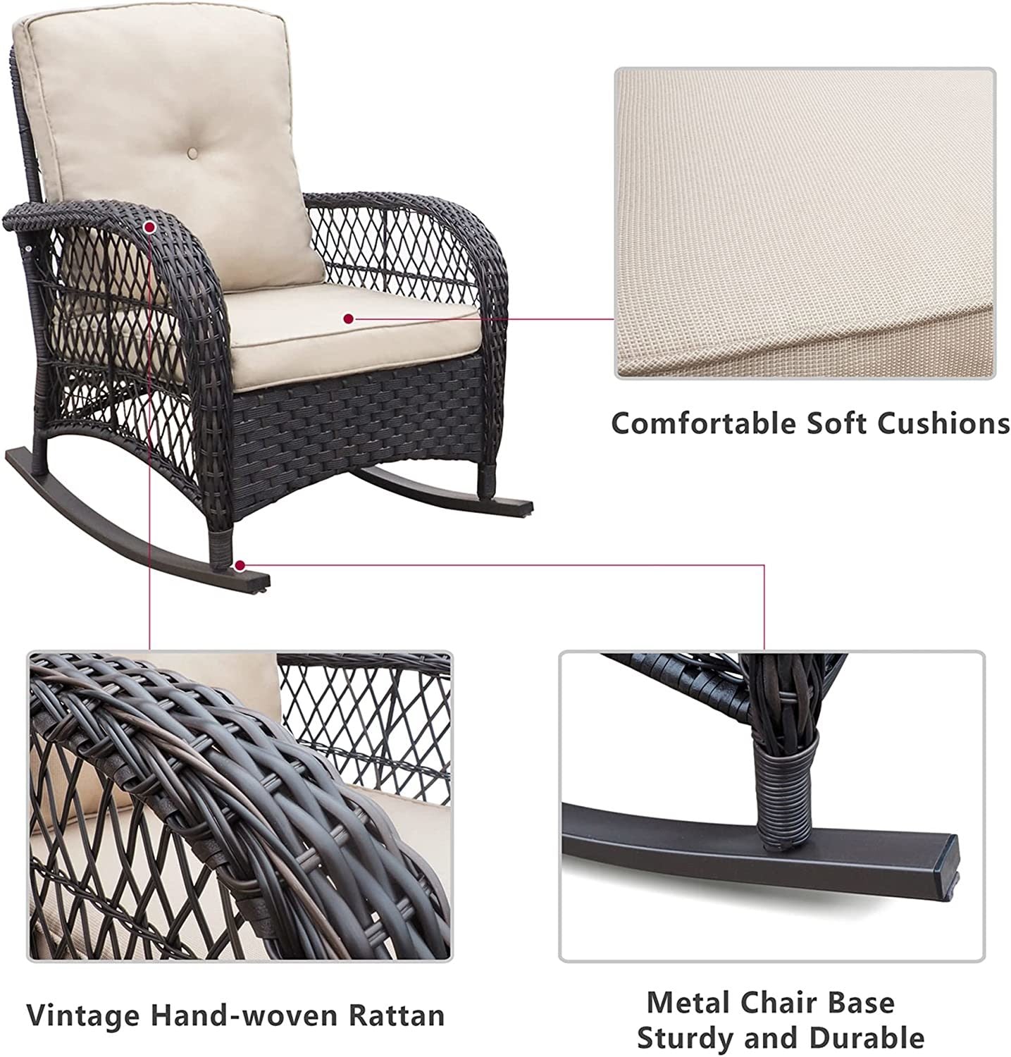 3 Pieces Outdoor Wicker Rocker Patio Bistro Set; Rocking Glider Chairs with Premium Cushions and Armored Glass Top Side Table; Elegant Wicker Patio Bistro Conversation Sets for Backyard