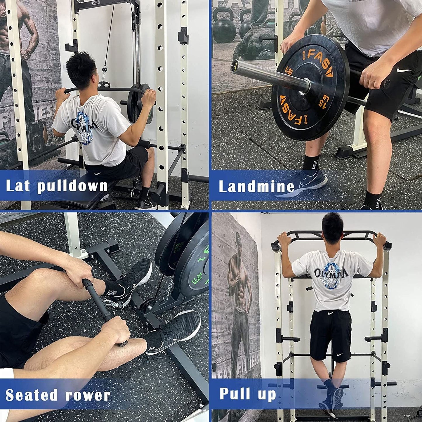 1000 lbs. capacity Blue Multi-functional Power Cage, Home Adjustable Pullup Squat Rack Comprehensive Fitness Barbell Rack
