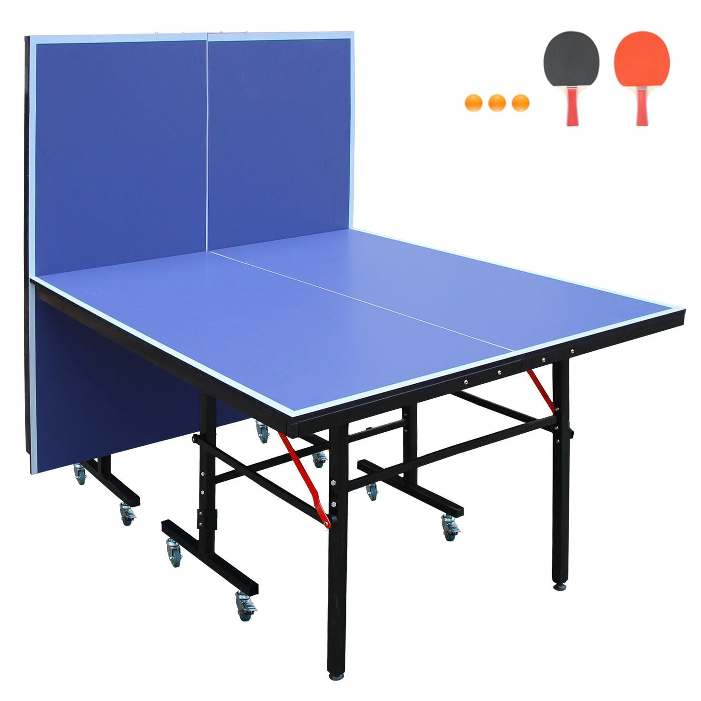 8ft Tennis Table Foldable & Portable Ping Pong Table Set for Indoor Games with Net, 2 Table Tennis Paddles and 3 Balls
