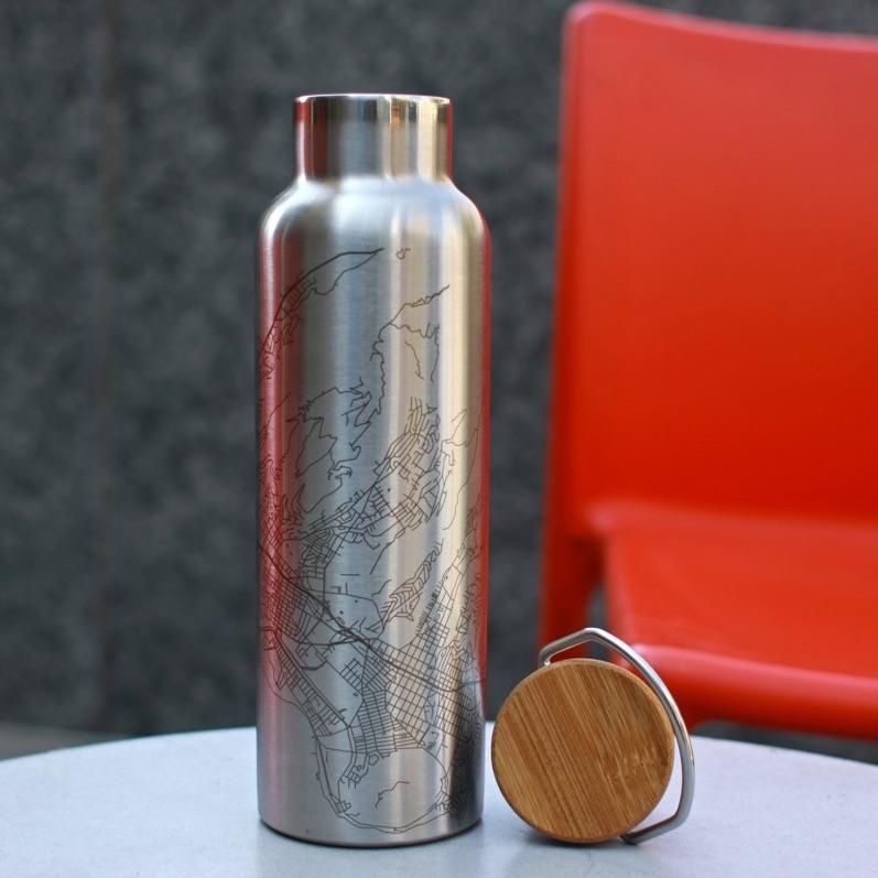 Cormorant Lake Manitoba Map Design Water Bottle with Eco-Friendly Bamboo Lid