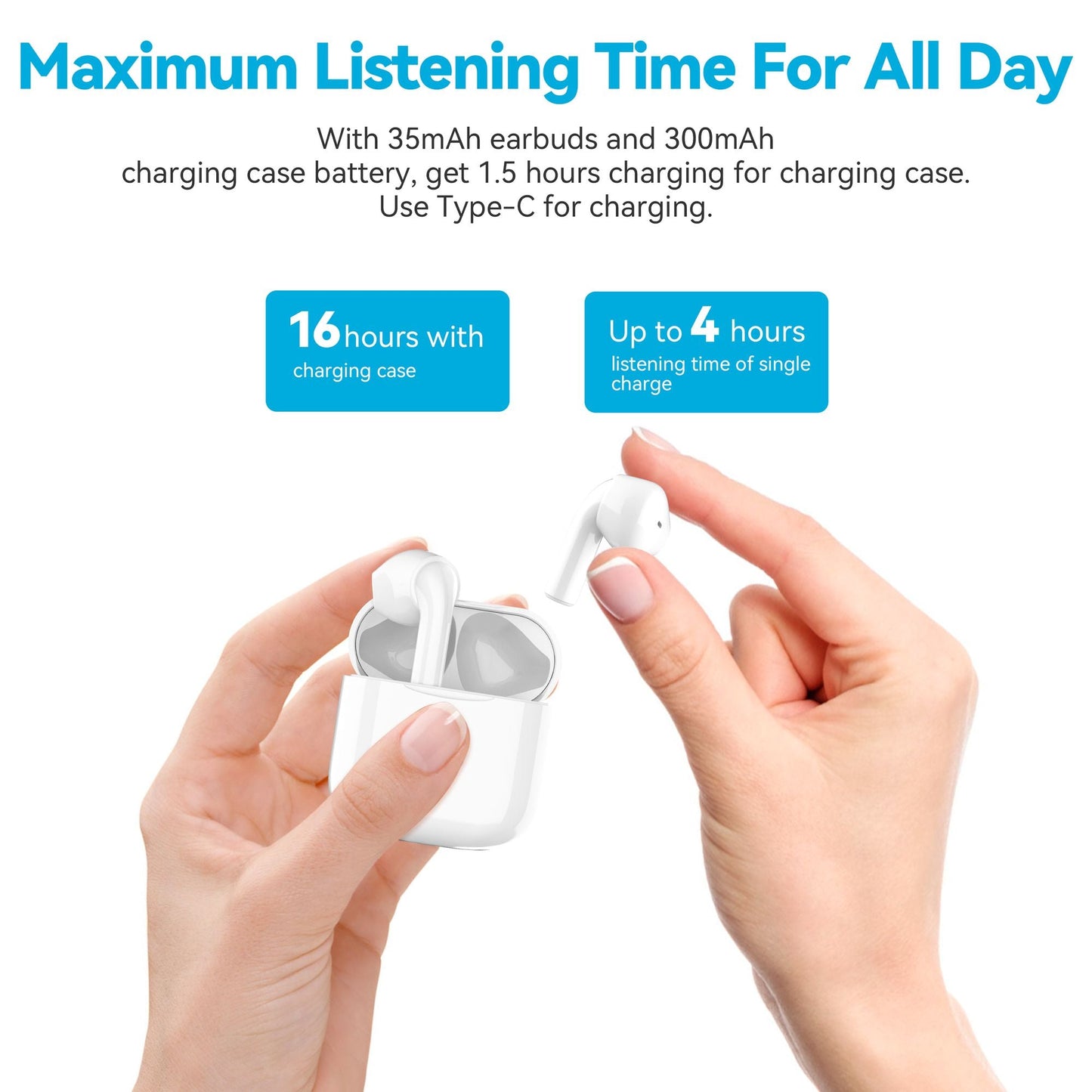 TWS Wireless Earbuds 5.0, 14.2mm HIFI Speaker Super mini design Touch Control in-Ear Headphones with Noise Reduction, Hi-Fi Stereo Audio, 15hours Type-C Quick Charging Case Waterproof