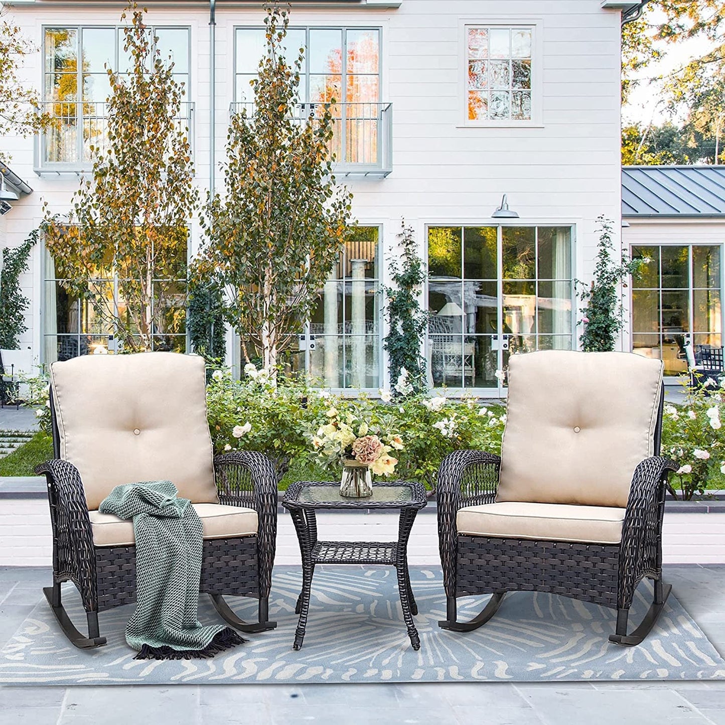 3 Pieces Outdoor Wicker Rocker Patio Bistro Set; Rocking Glider Chairs with Premium Cushions and Armored Glass Top Side Table; Elegant Wicker Patio Bistro Conversation Sets for Backyard