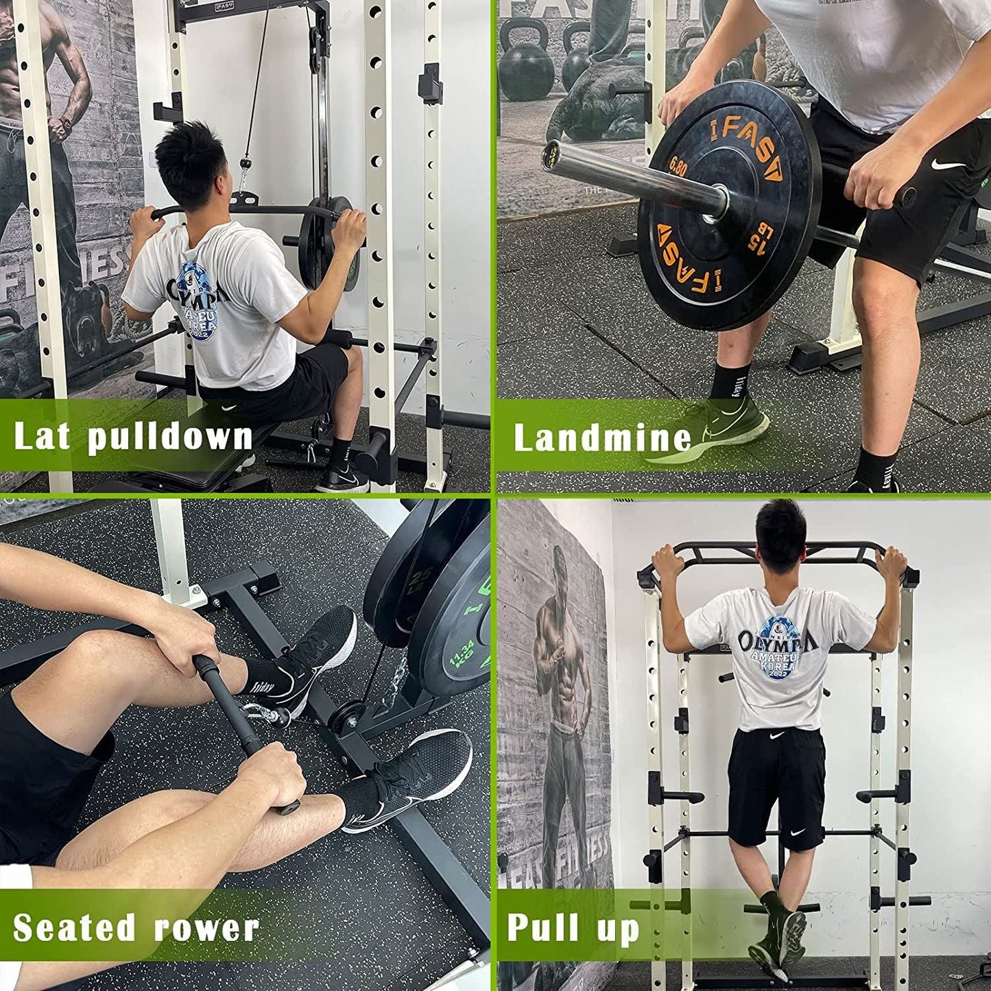 1000 lbs. capacity Green Multi-functional Power Cage, Home Adjustable Pullup Squat Rack Comprehensive Fitness Barbell Rack