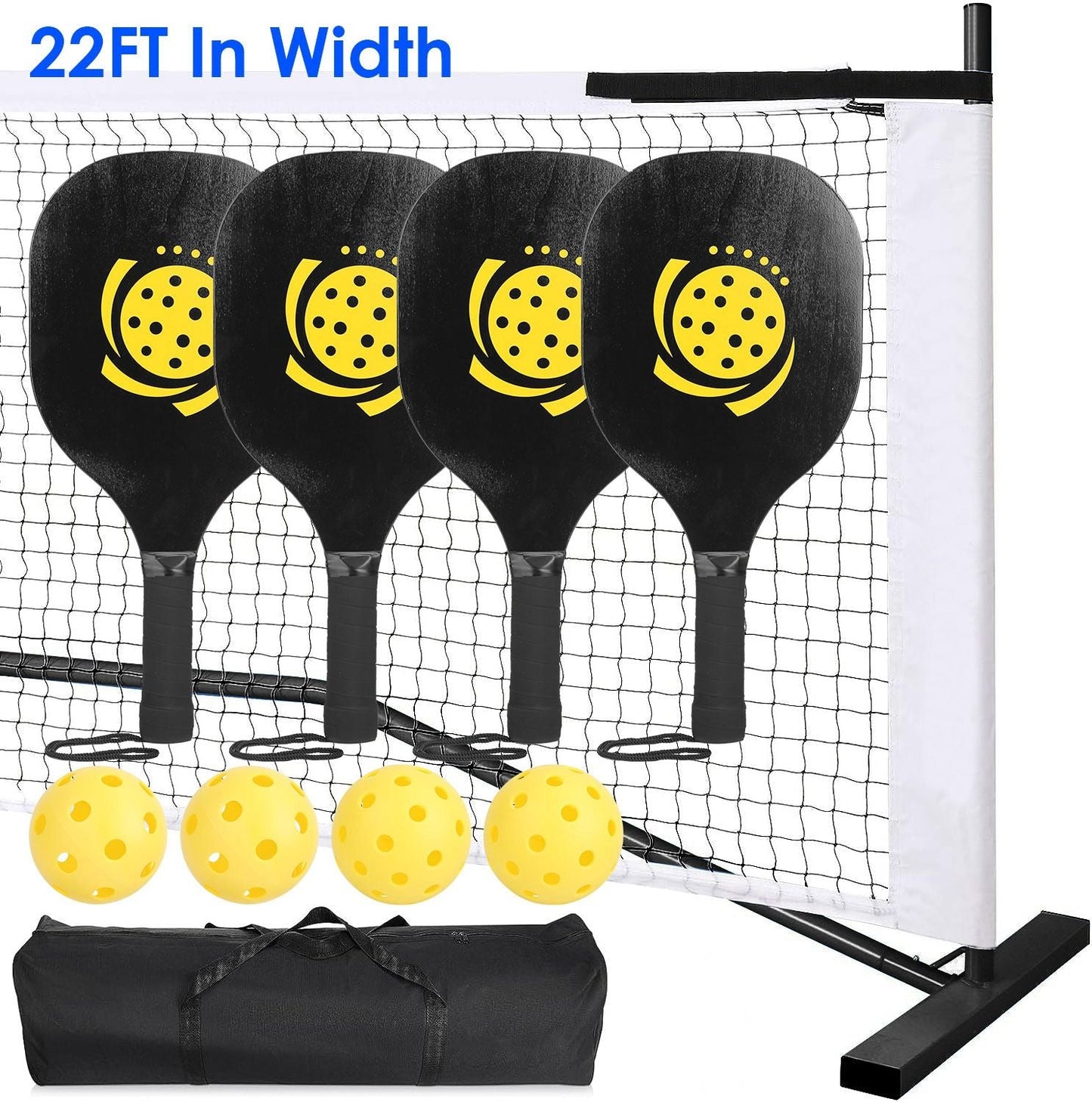 Portable Pickleball Net Set 22ft Regulation Size Net Pickle Ball Net System with 4 Pickleballs 4 Paddles Carrying Bag for Driveway Backyard