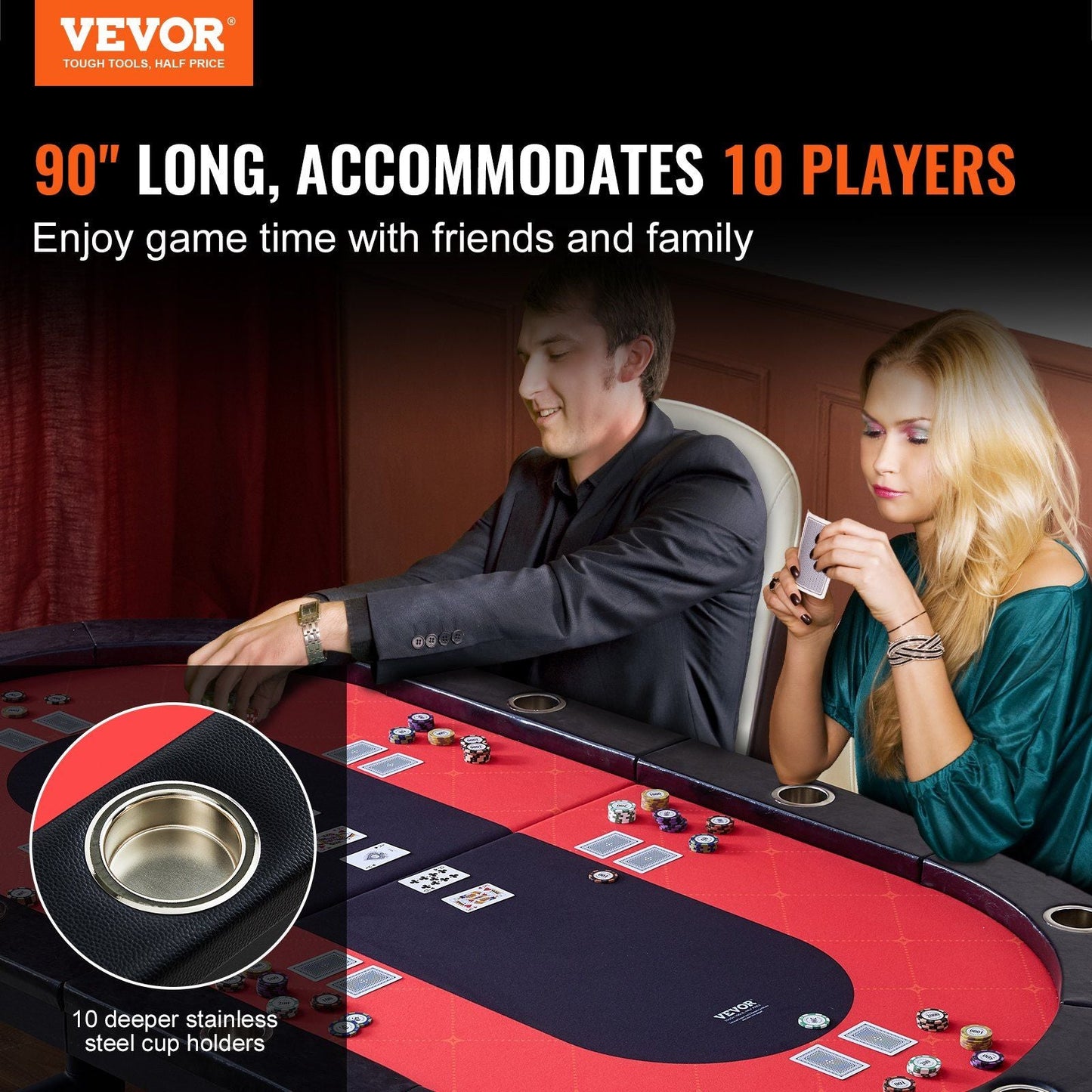 10 Player Foldable Poker Table, Blackjack Texas Holder Poker Table with Padded Rails and Stainless-Steel Cup Holders