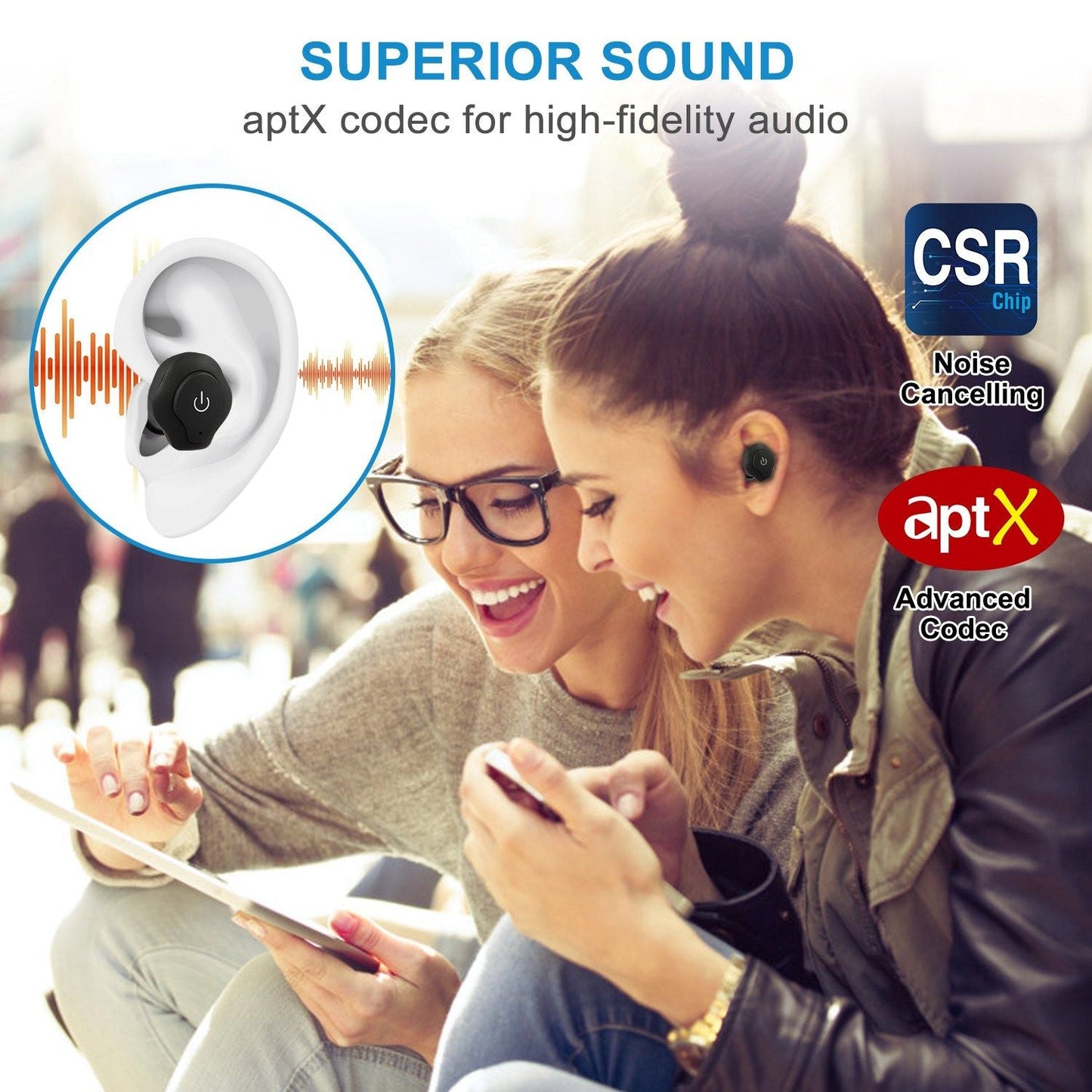 Wireless Earbuds CSR V4.2 In-ear Stereo Headsets IP44 Waterproof Apt-X TWS Headphones Noise Cancelling