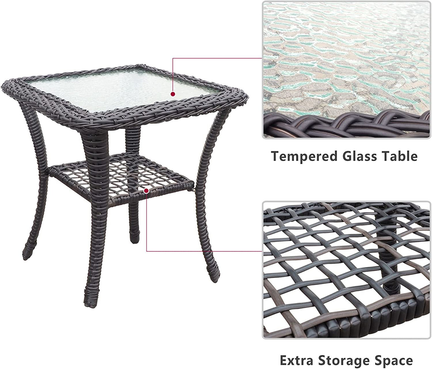 3 Pieces Outdoor Wicker Rocker Patio Bistro Set; Rocking Glider Chairs with Premium Cushions and Armored Glass Top Side Table; Elegant Wicker Patio Bistro Conversation Sets for Backyard