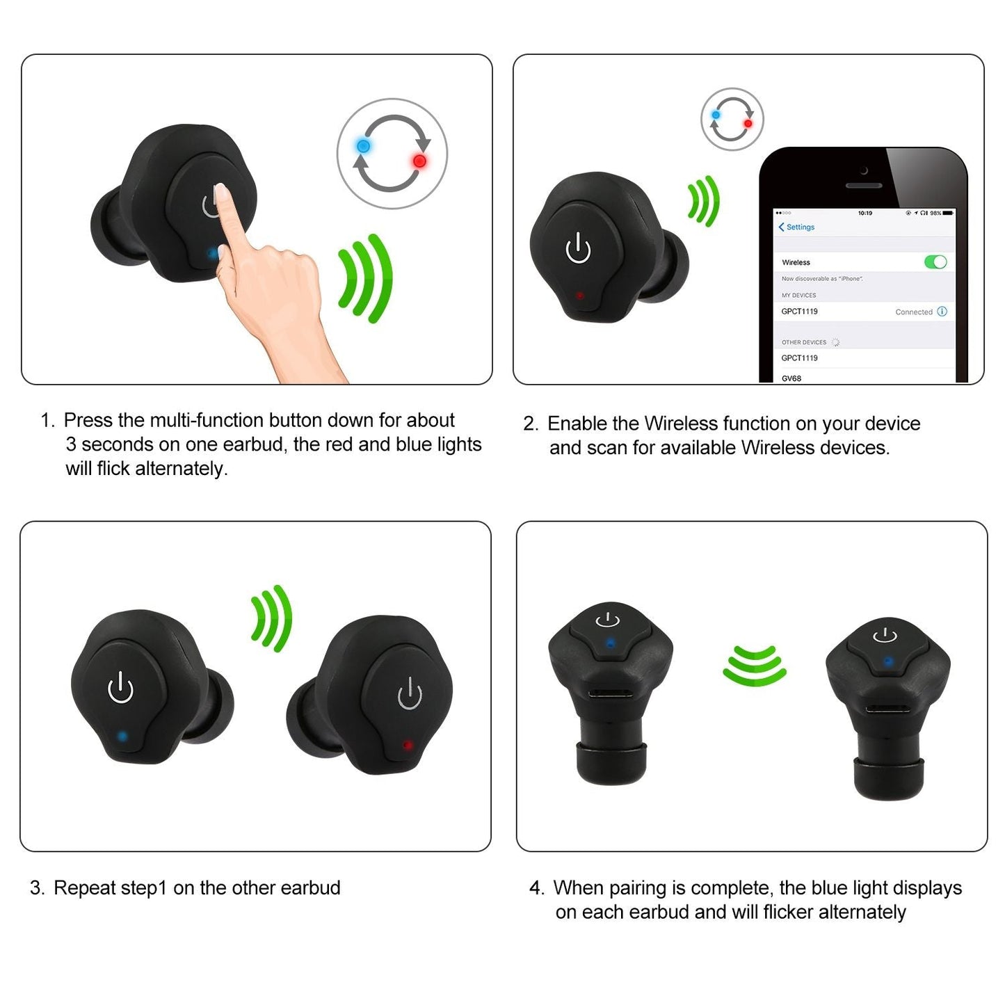 Wireless Earbuds CSR V4.2 In-ear Stereo Headsets IP44 Waterproof Apt-X TWS Headphones Noise Cancelling