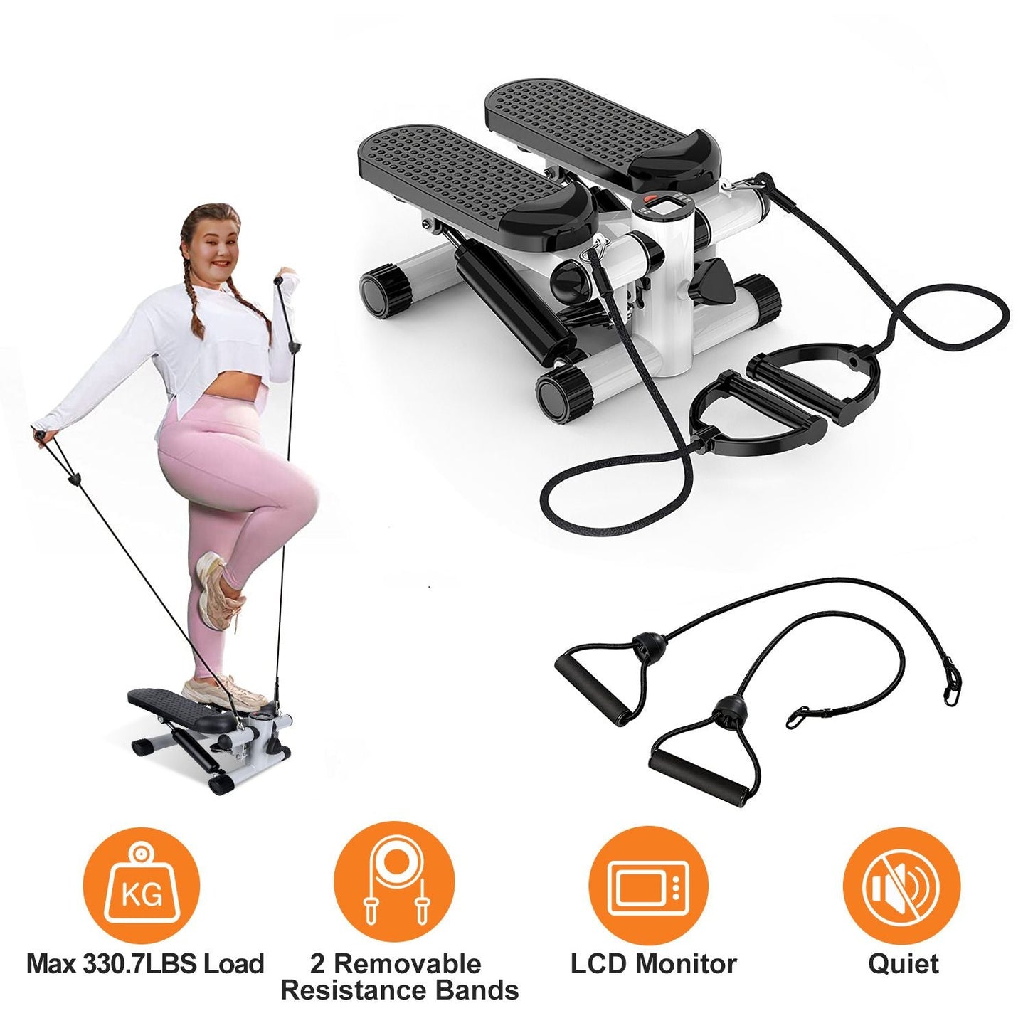 stepper machine, Stepper for Exercise Mini Fitness Stepper with 2 Resistance Bands LCD Monitor Max 330.7LBS Load Stair Stepper Quiet Stepper
