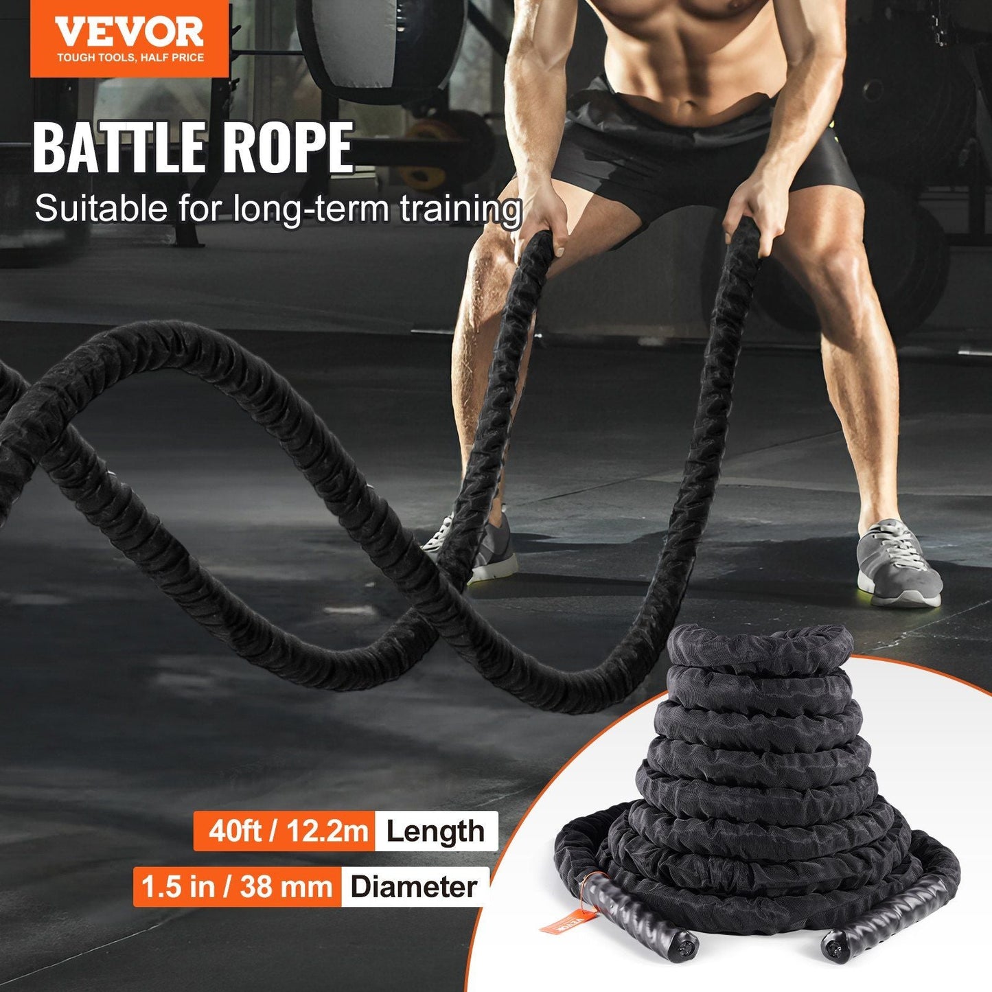Battle Rope 1.5" 40Ft Gym Workout Strength Training Exercise Fitness Rope