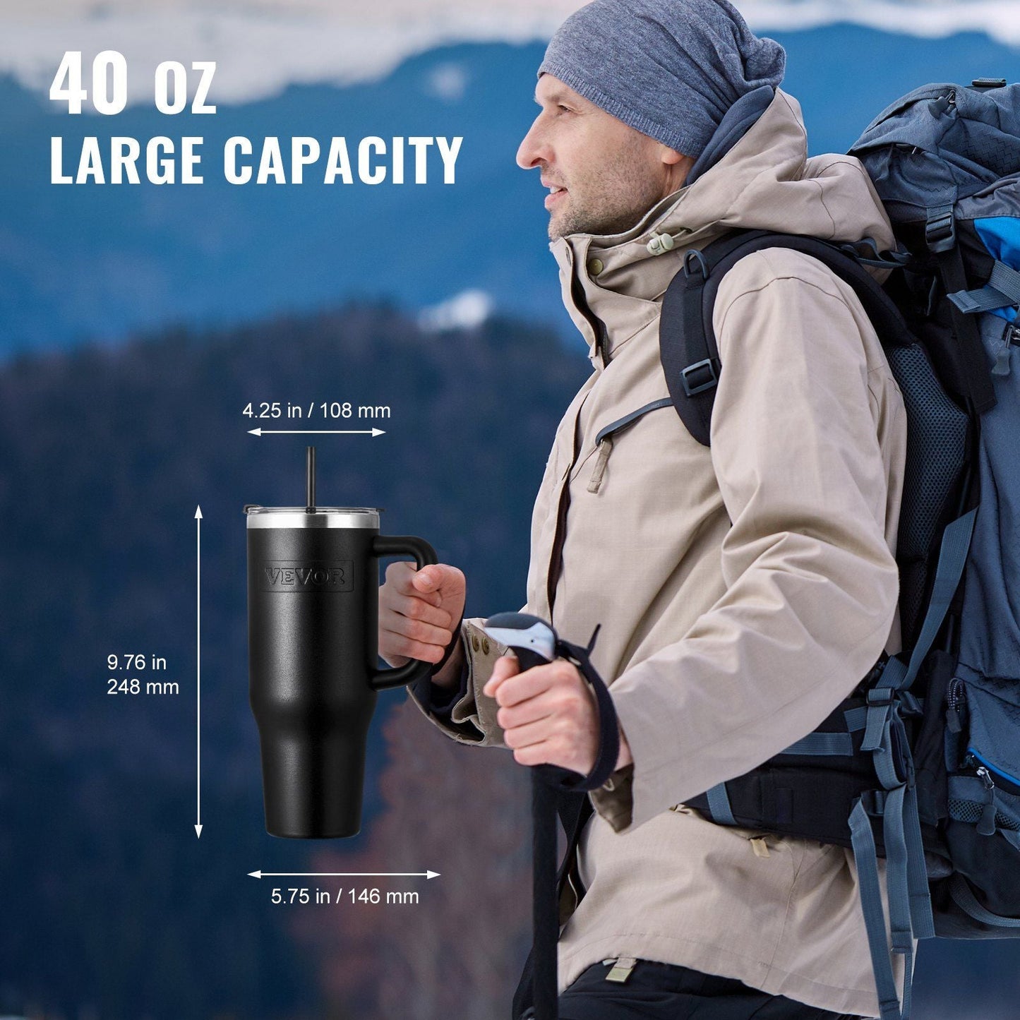 40 oz tumbler Insulated rambler Stainless Steel Coffee Cup Handheld Black