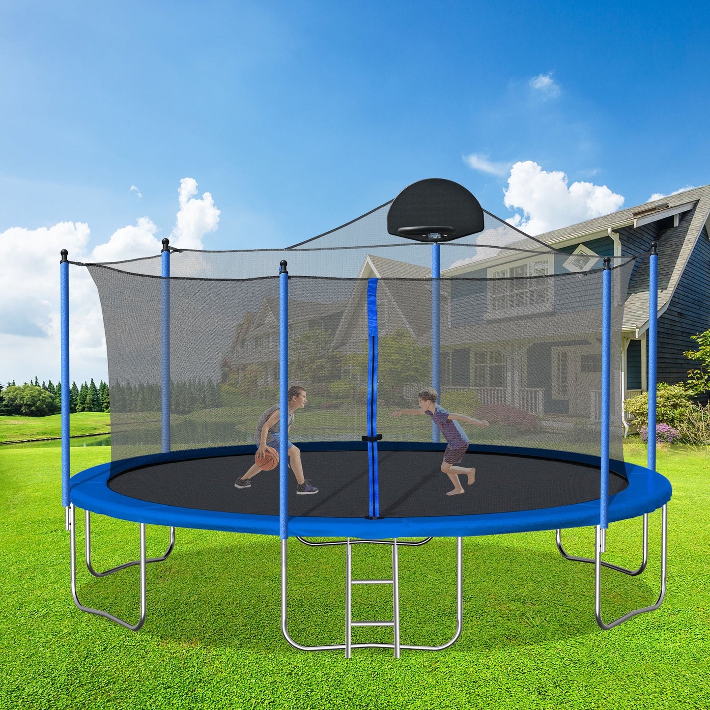 14FT Family Trampoline with Basketball Hoop and Safety Net for All Ages