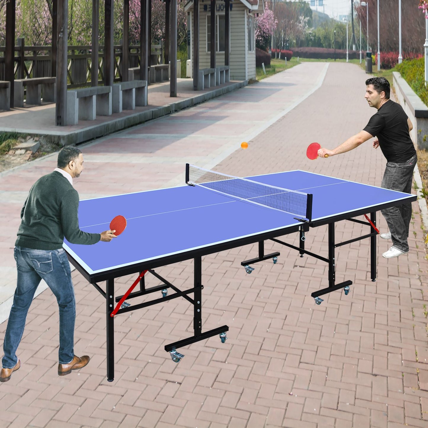 8ft Tennis Table Foldable & Portable Ping Pong Table Set for Indoor Games with Net, 2 Table Tennis Paddles and 3 Balls