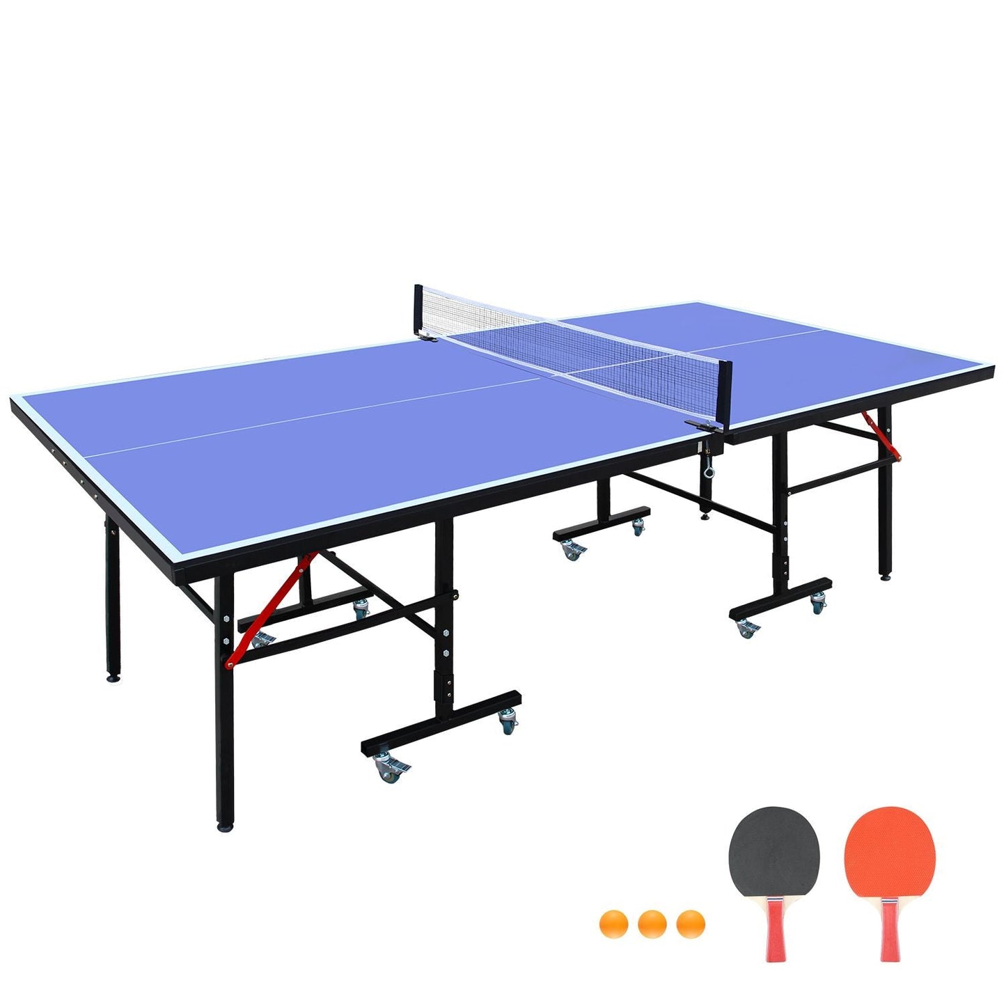 8ft Tennis Table Foldable & Portable Ping Pong Table Set for Indoor Games with Net, 2 Table Tennis Paddles and 3 Balls